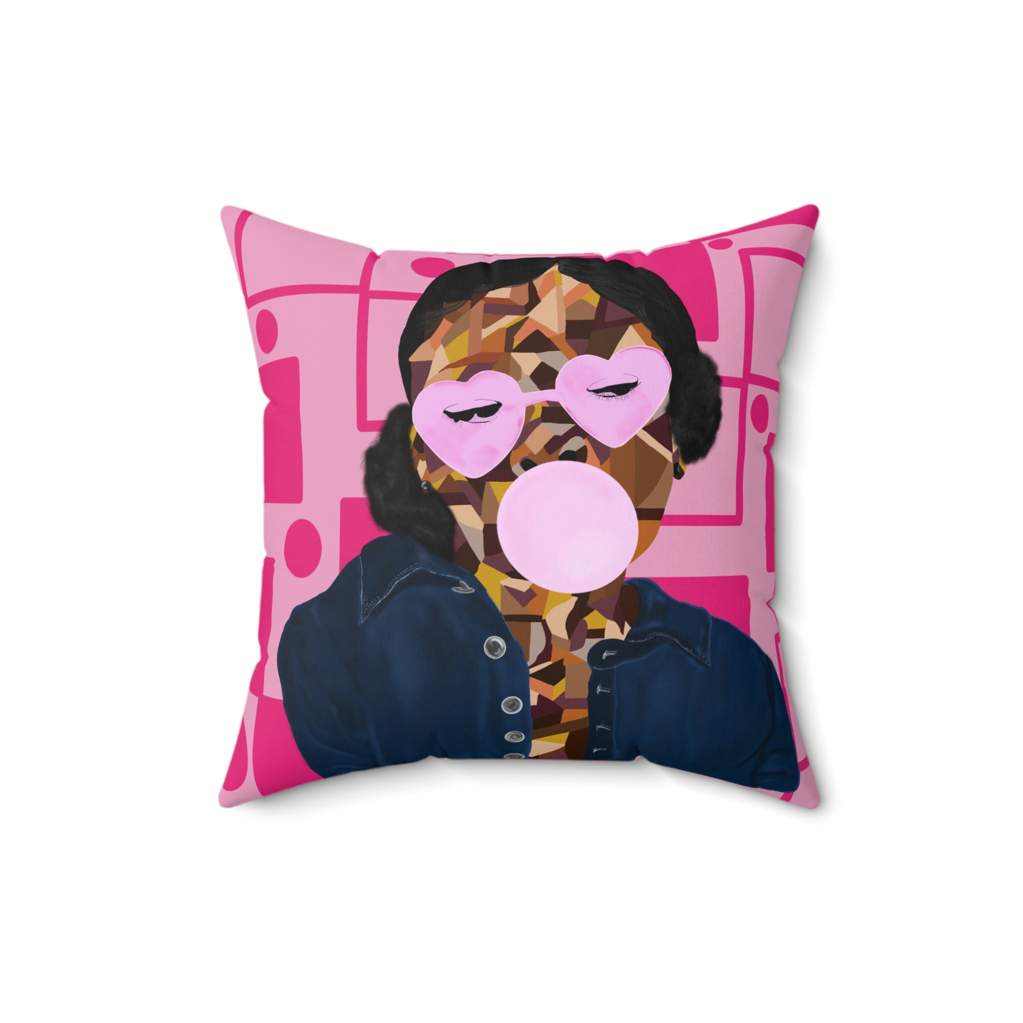 Pink Bubblegum Pop Art Pillow — Modern Geometric Portrait Throw Pillow