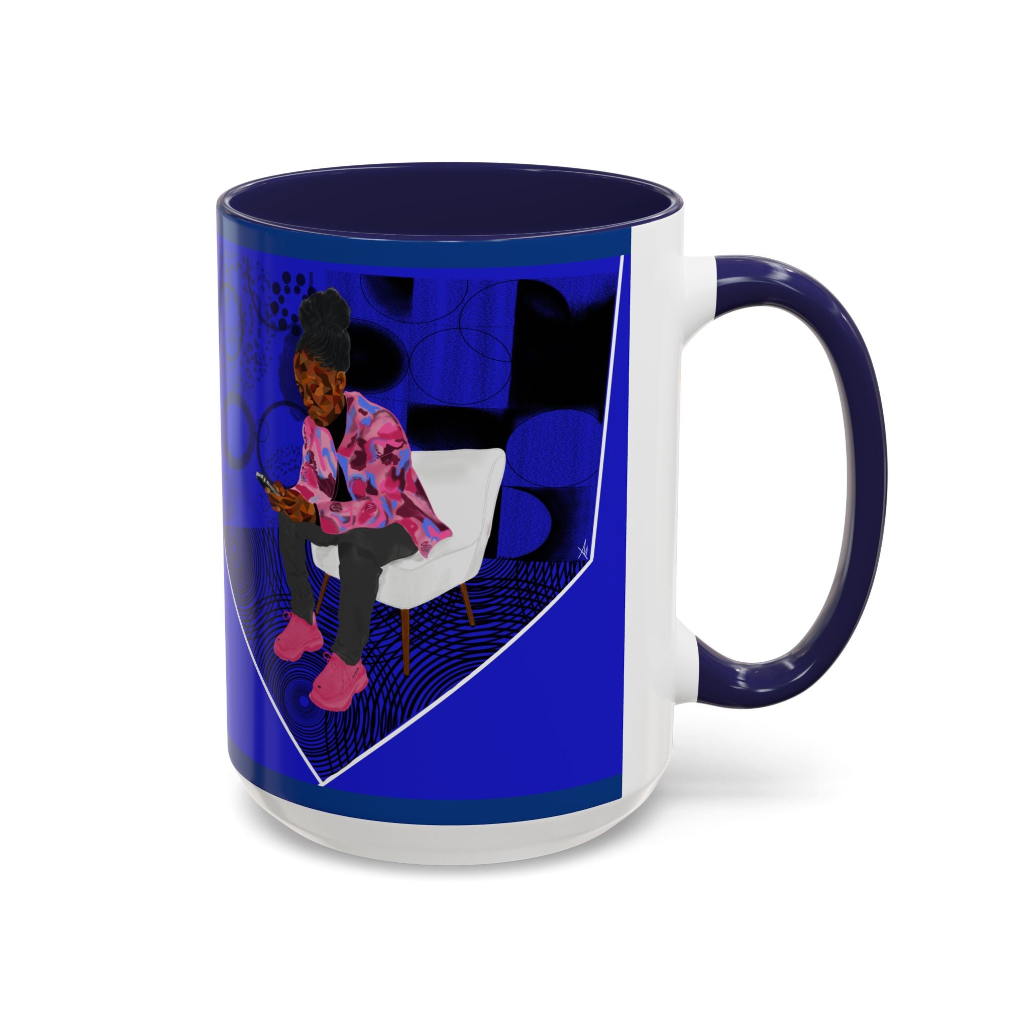 Blue Accent Coffee Mug — Cozy 'Checking My Phone' Afrocentric Illustration (11/15oz)