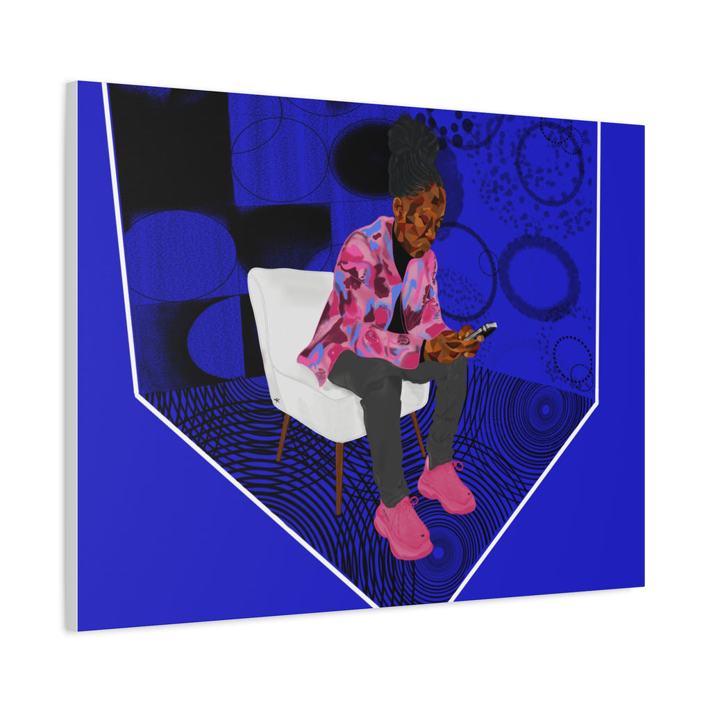 Contemporary Blue Portrait Canvas — Seated Girl with Phone Wall Art