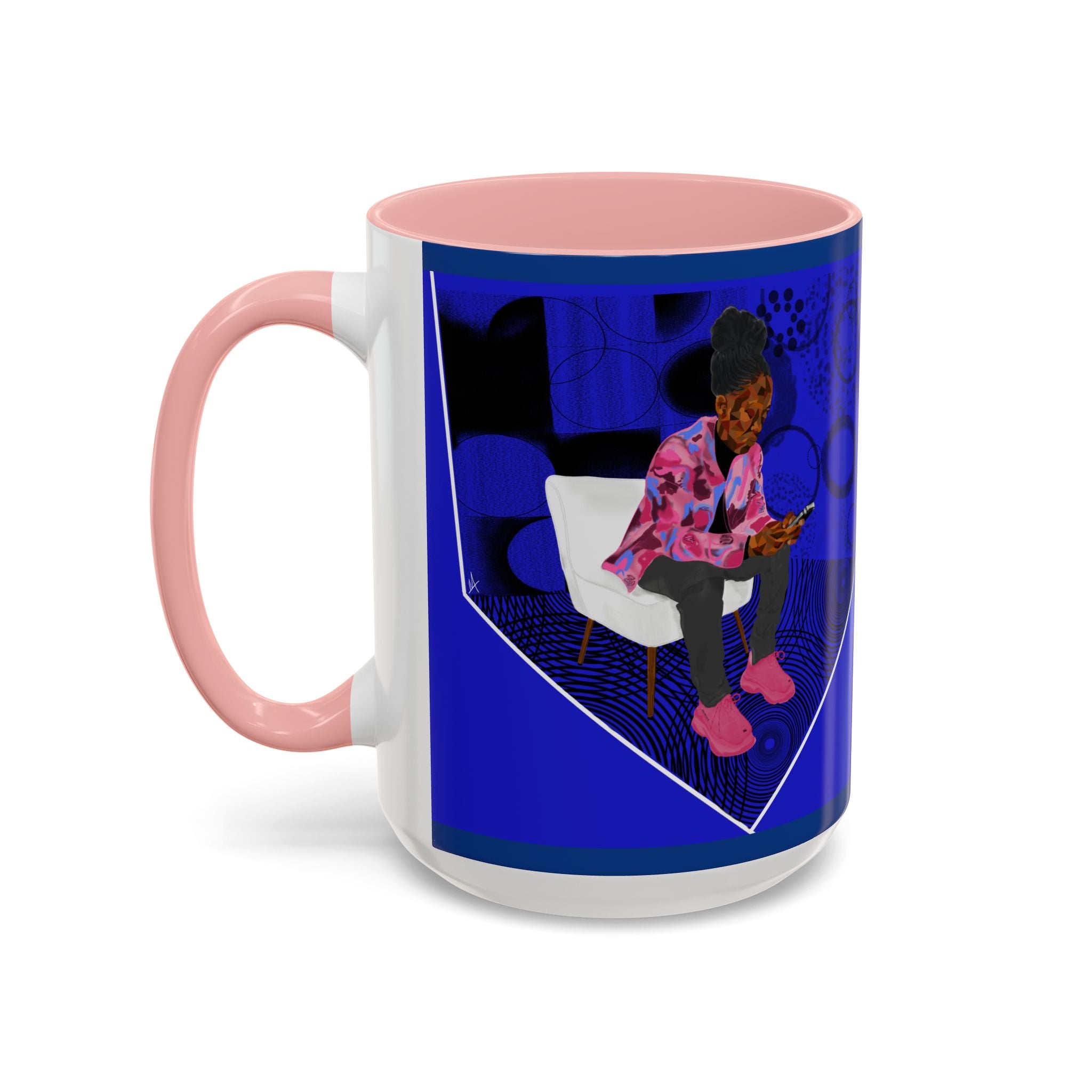 Blue Accent Coffee Mug — Cozy 'Checking My Phone' Afrocentric Illustration (11/15oz)
