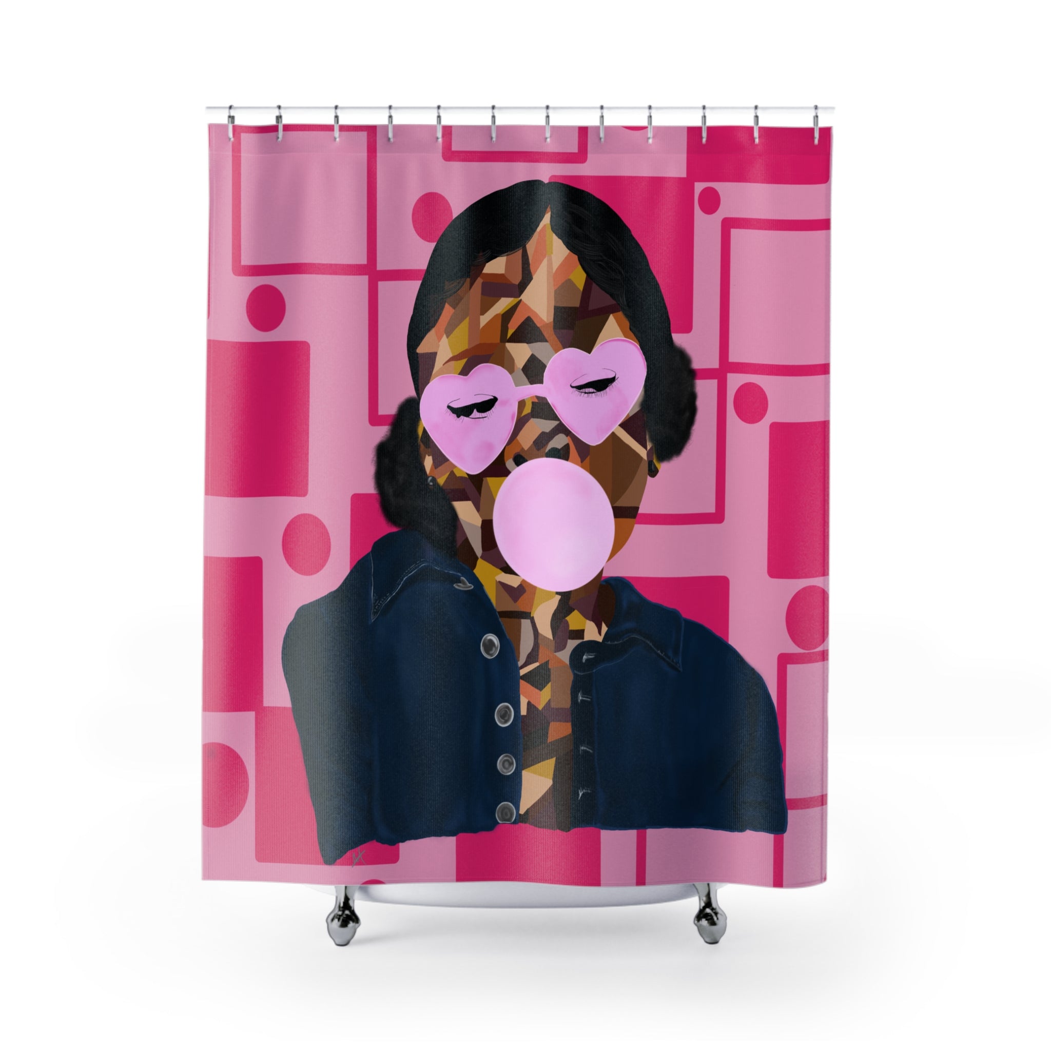 Pink Pop-Art Bubblegum Shower Curtain — Retro Geometric Portrait Bathroom Decor