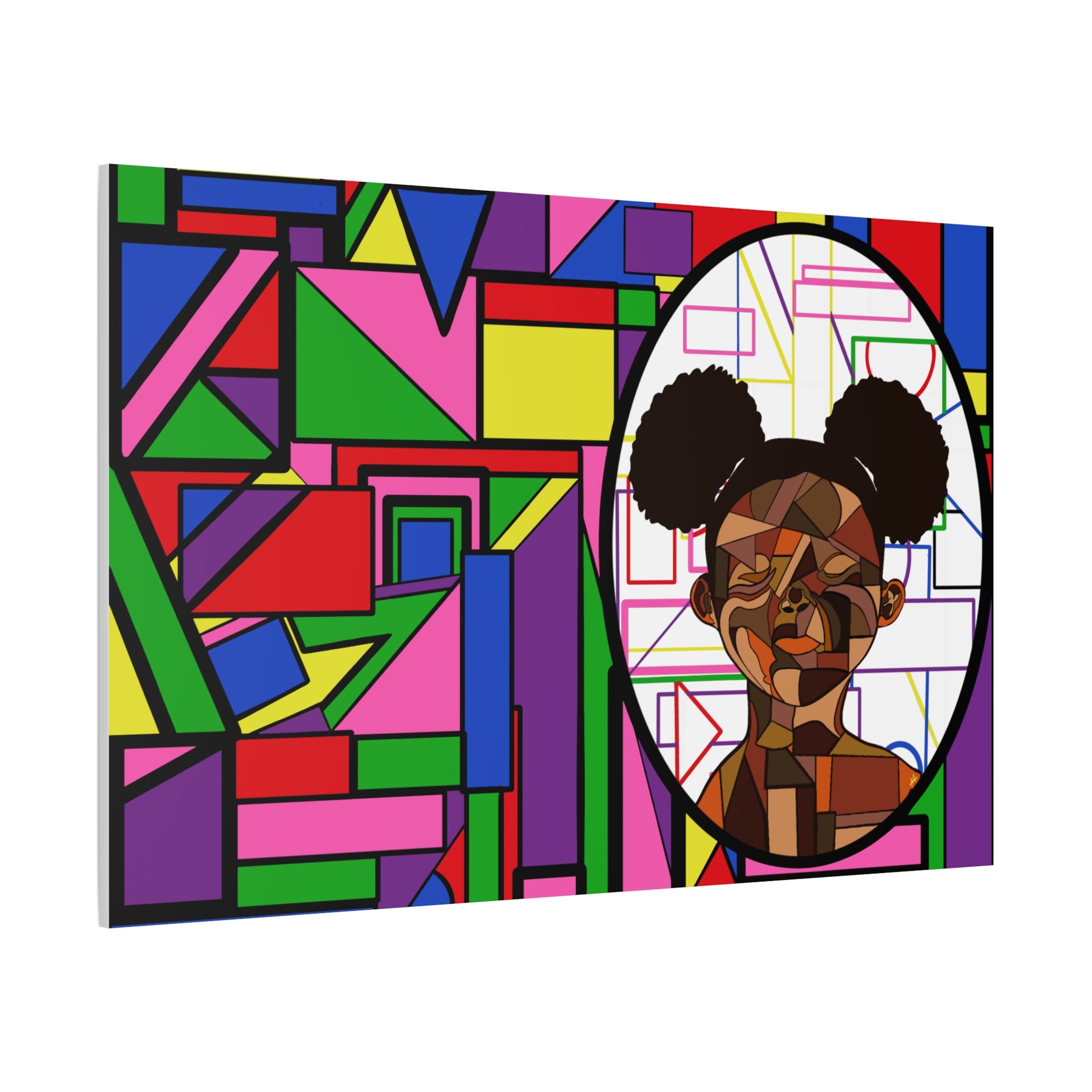 Abstract Geometric Portrait Canvas — Colorful Afro Puff Art on Matte Stretched Canvas