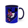 Blue Accent Coffee Mug — Cozy 'Checking My Phone' Afrocentric Illustration (11/15oz)