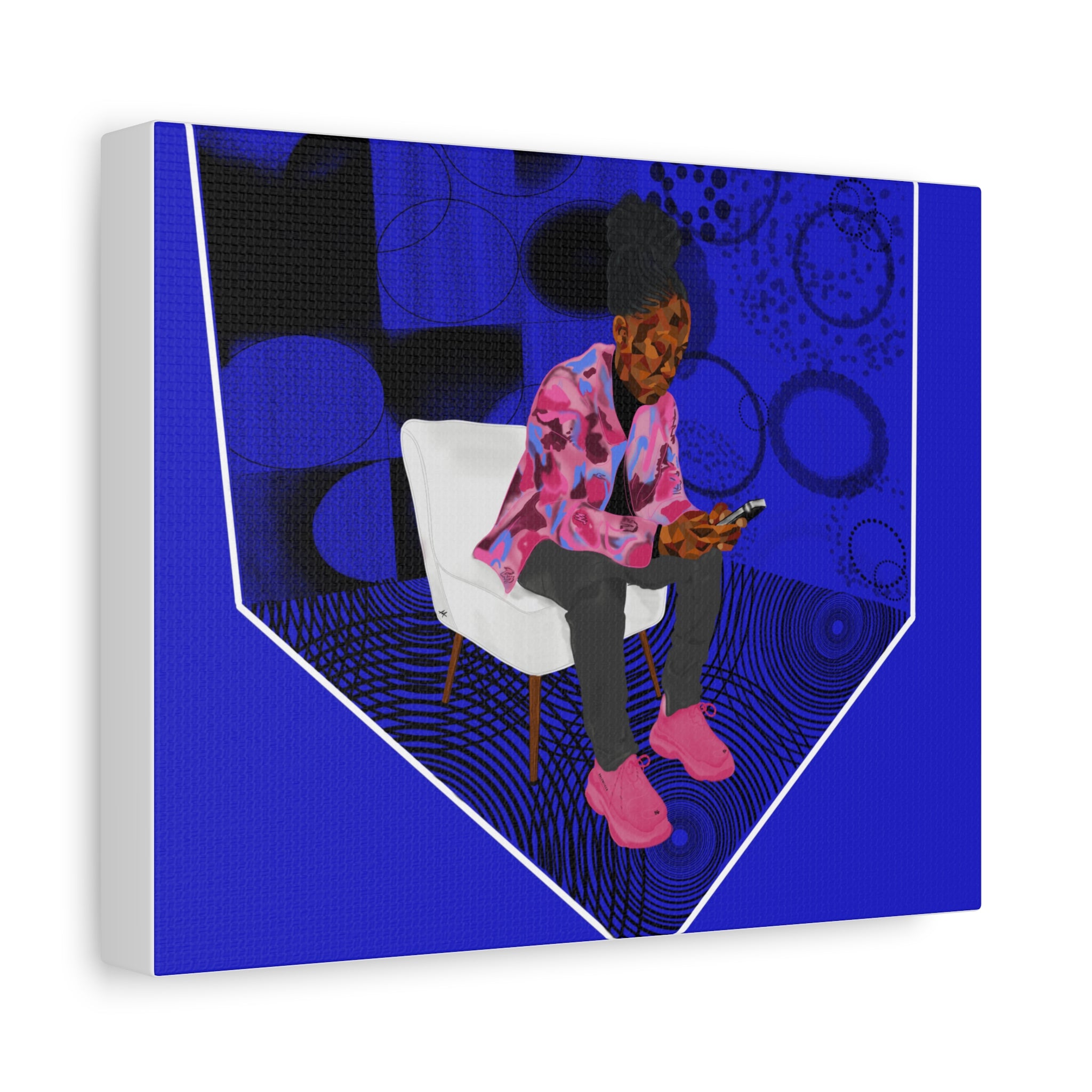 Contemporary Blue Portrait Canvas — Seated Girl with Phone Wall Art