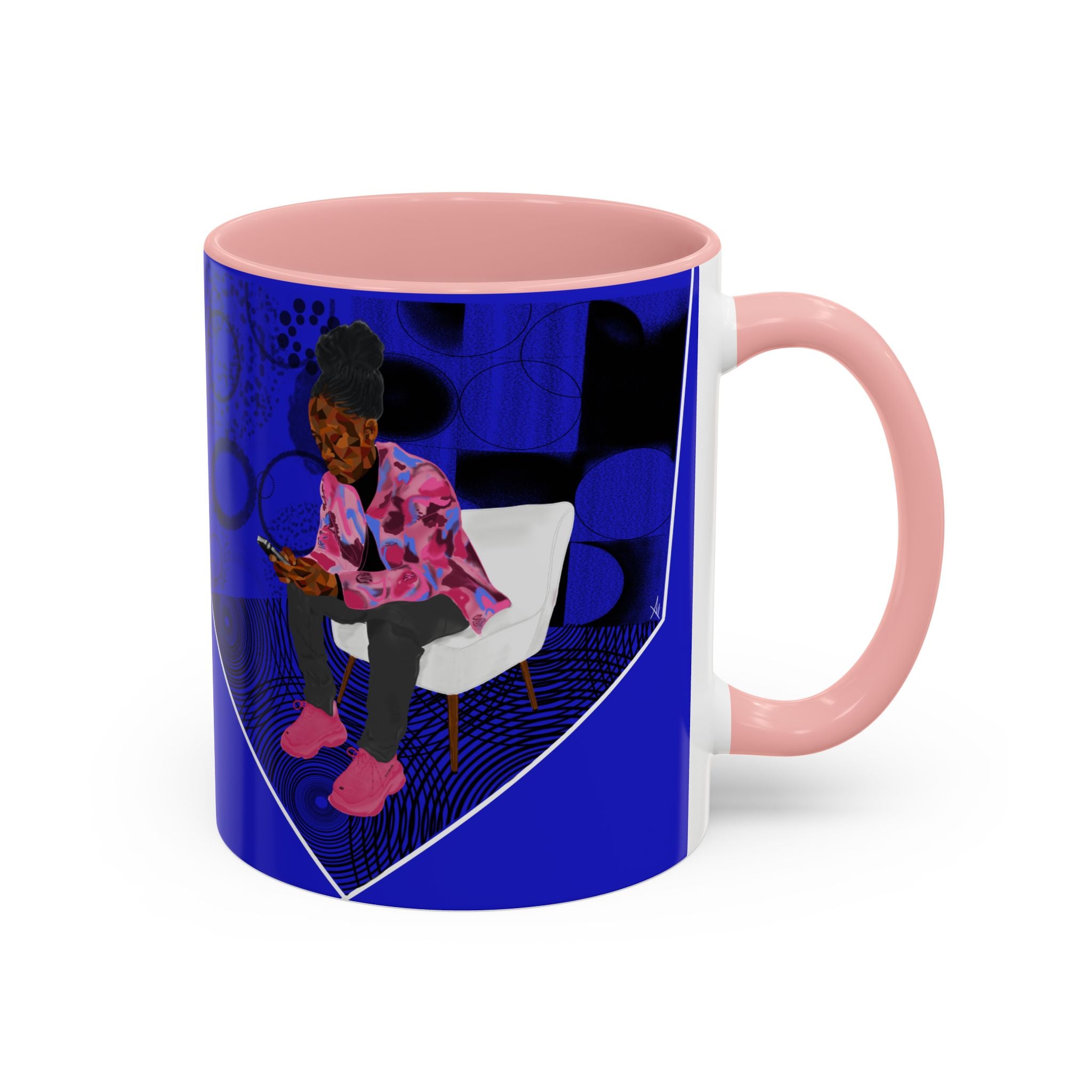 Blue Accent Coffee Mug — Cozy 'Checking My Phone' Afrocentric Illustration (11/15oz)