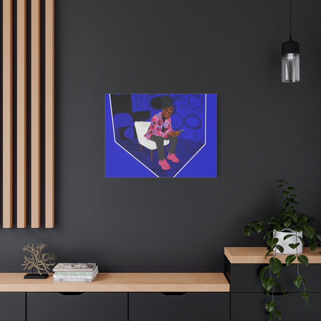 Contemporary Blue Portrait Canvas — Seated Girl with Phone Wall Art