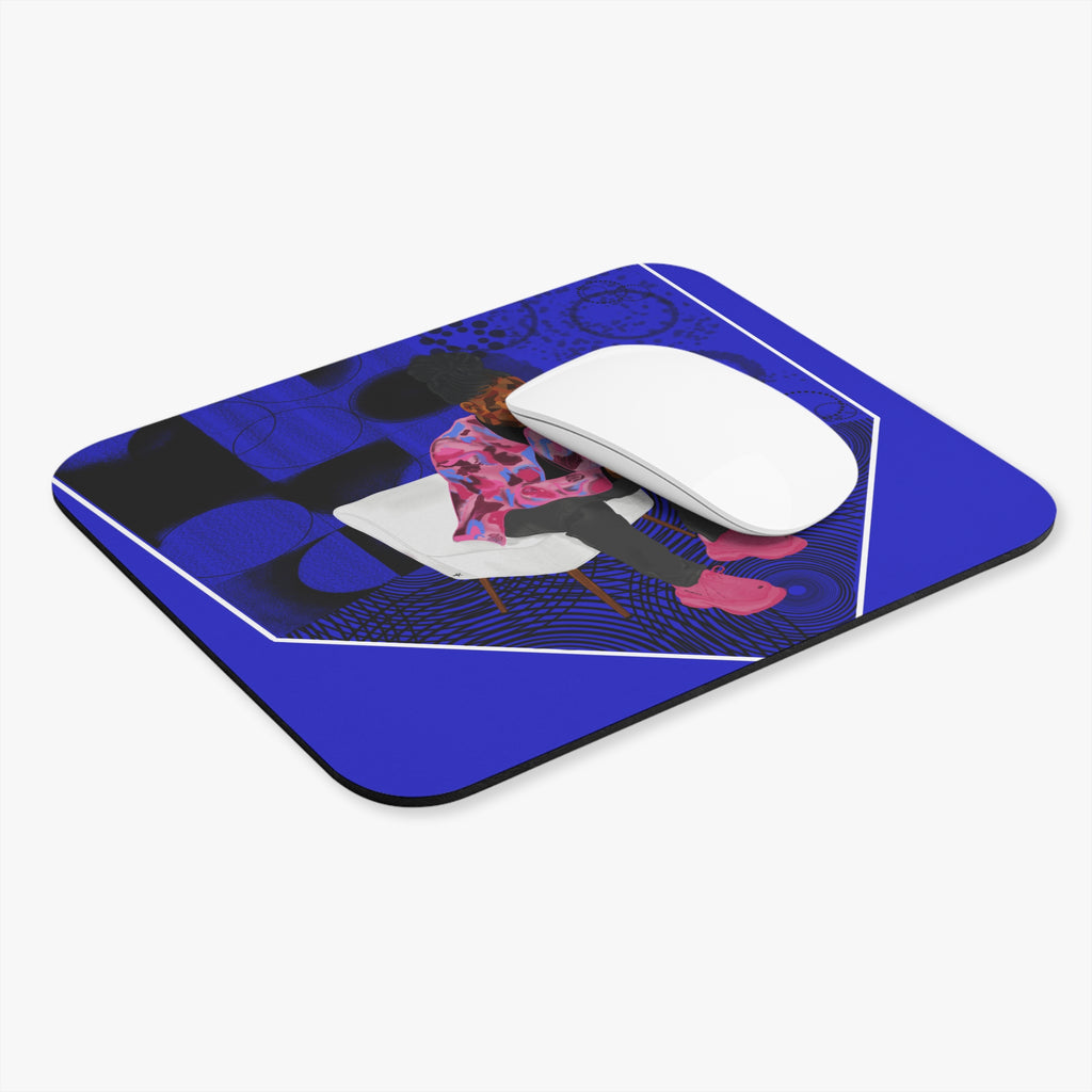 Blue Retro Lounge Mouse Pad — Person on Chair Illustration