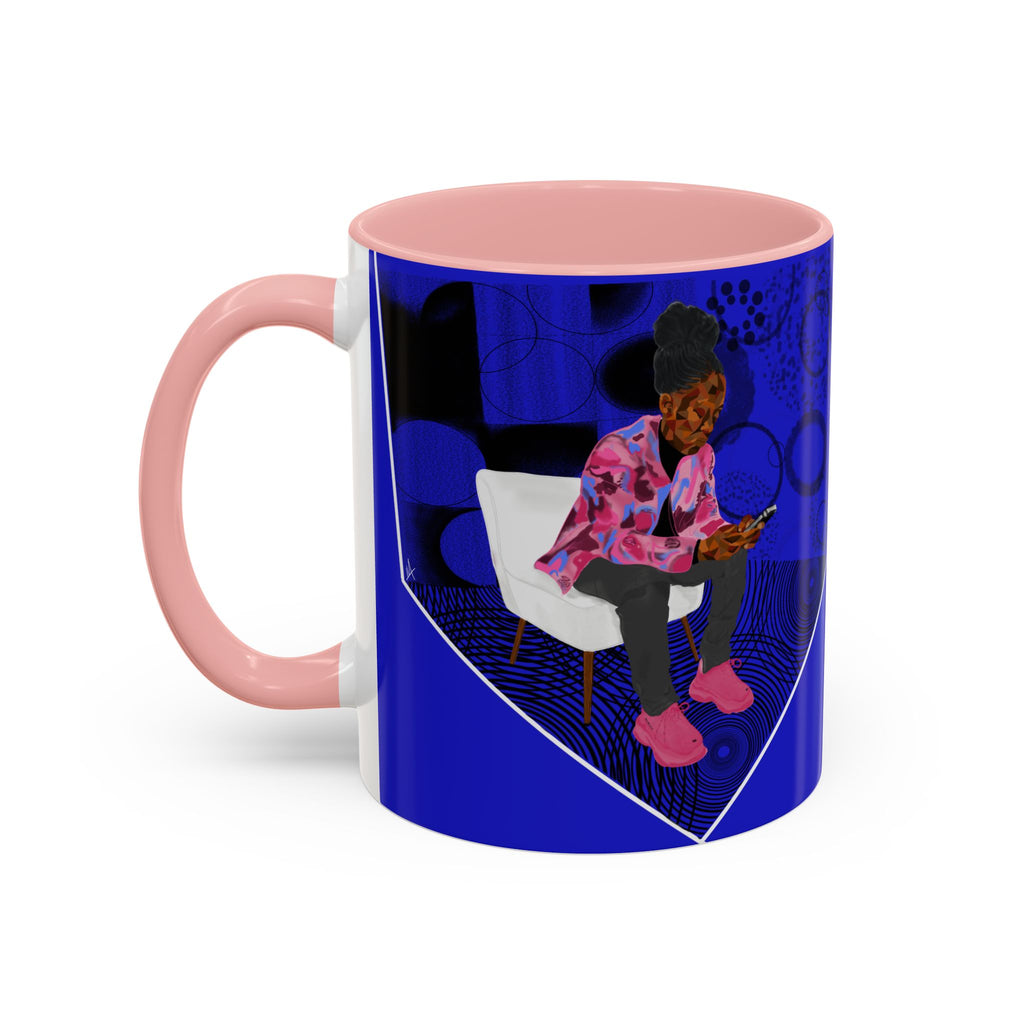 Blue Accent Coffee Mug — Cozy 'Checking My Phone' Afrocentric Illustration (11/15oz)