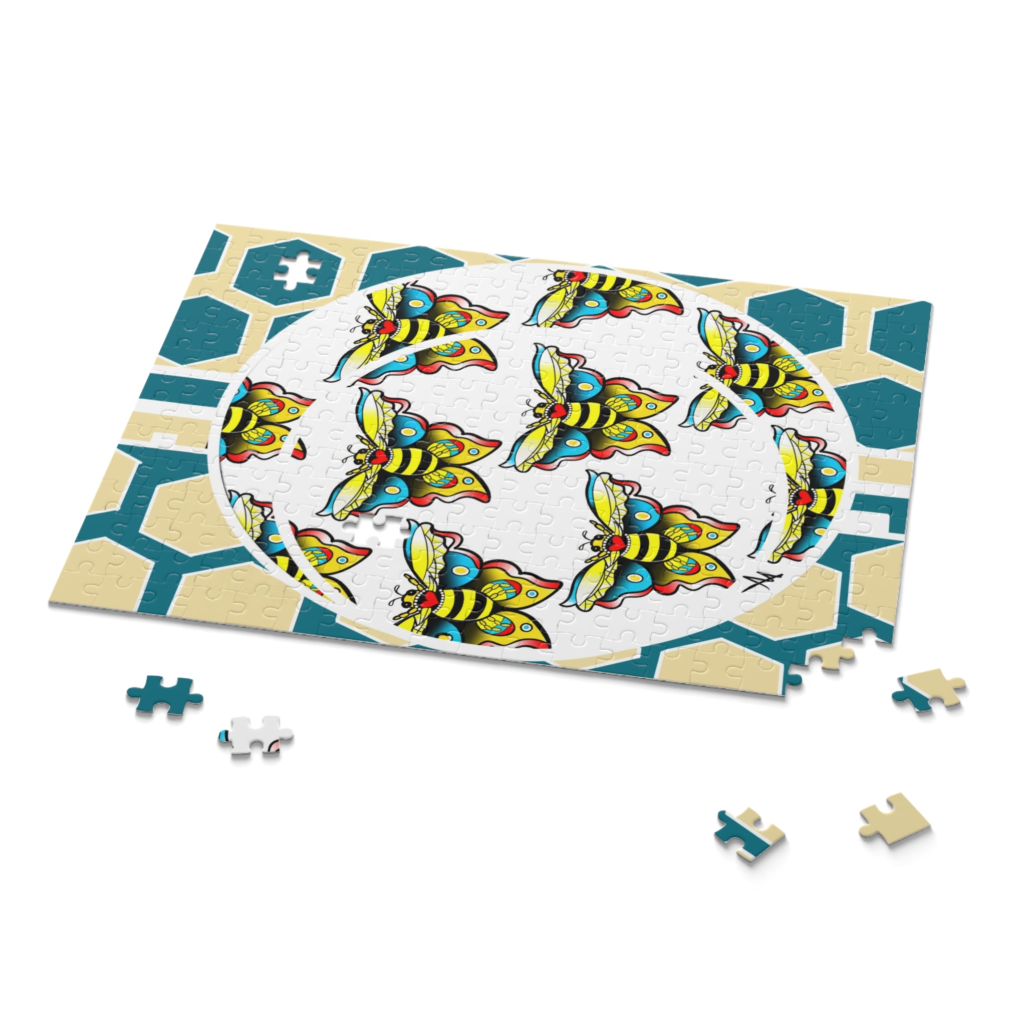 Bee & Hexagon Jigsaw Puzzle — Colorful Moth Pattern (120/252/500 pc)