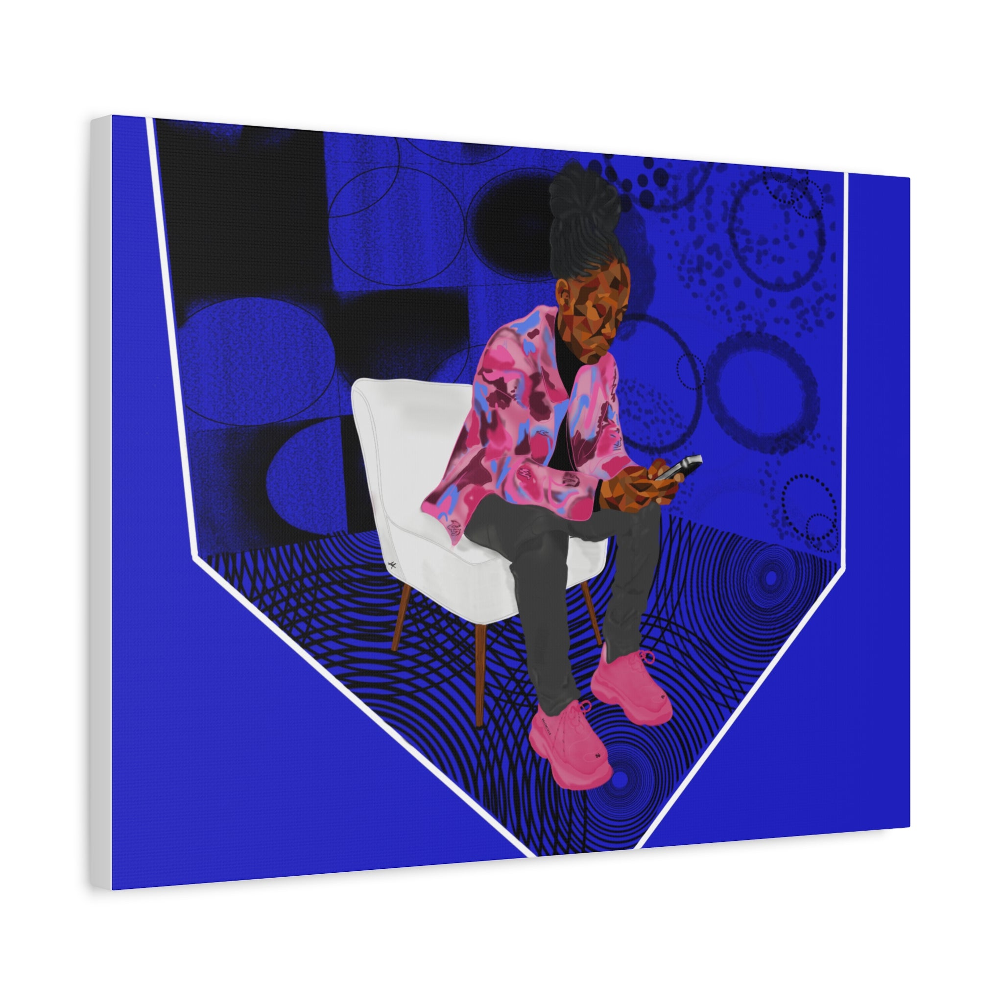 Contemporary Blue Portrait Canvas — Seated Girl with Phone Wall Art
