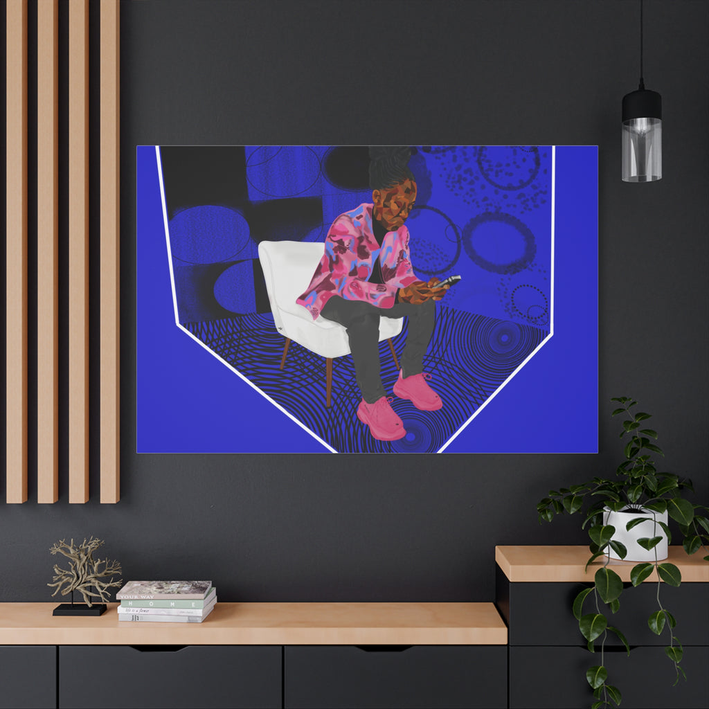 Contemporary Blue Portrait Canvas — Seated Girl with Phone Wall Art