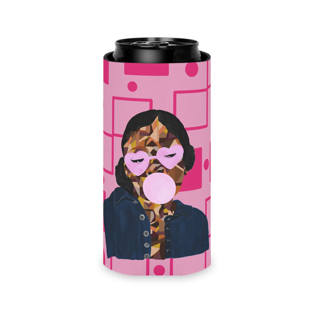 Pink Retro Bubblegum Can Cooler – Pop Art Girl Koozie