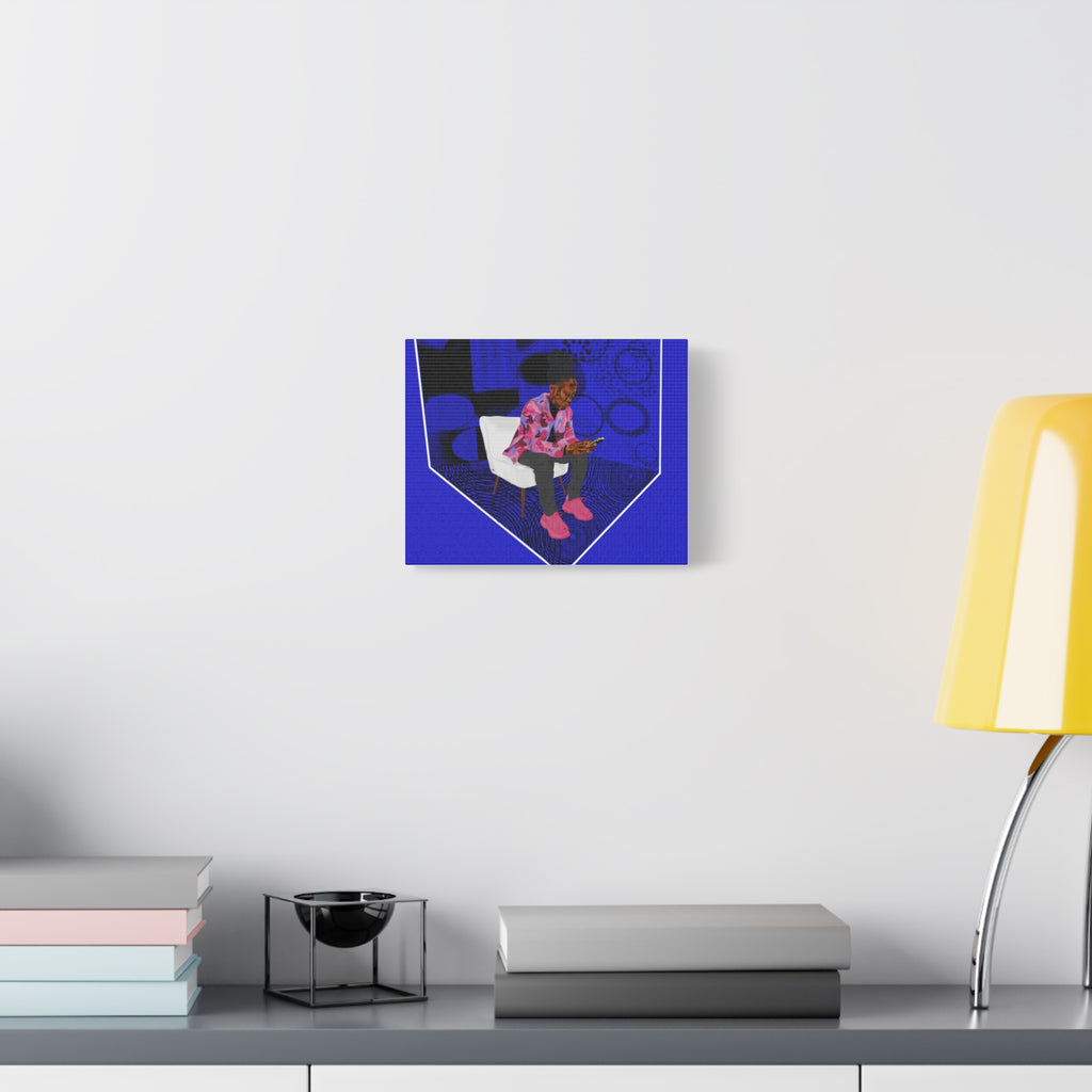 Contemporary Blue Portrait Canvas — Seated Girl with Phone Wall Art