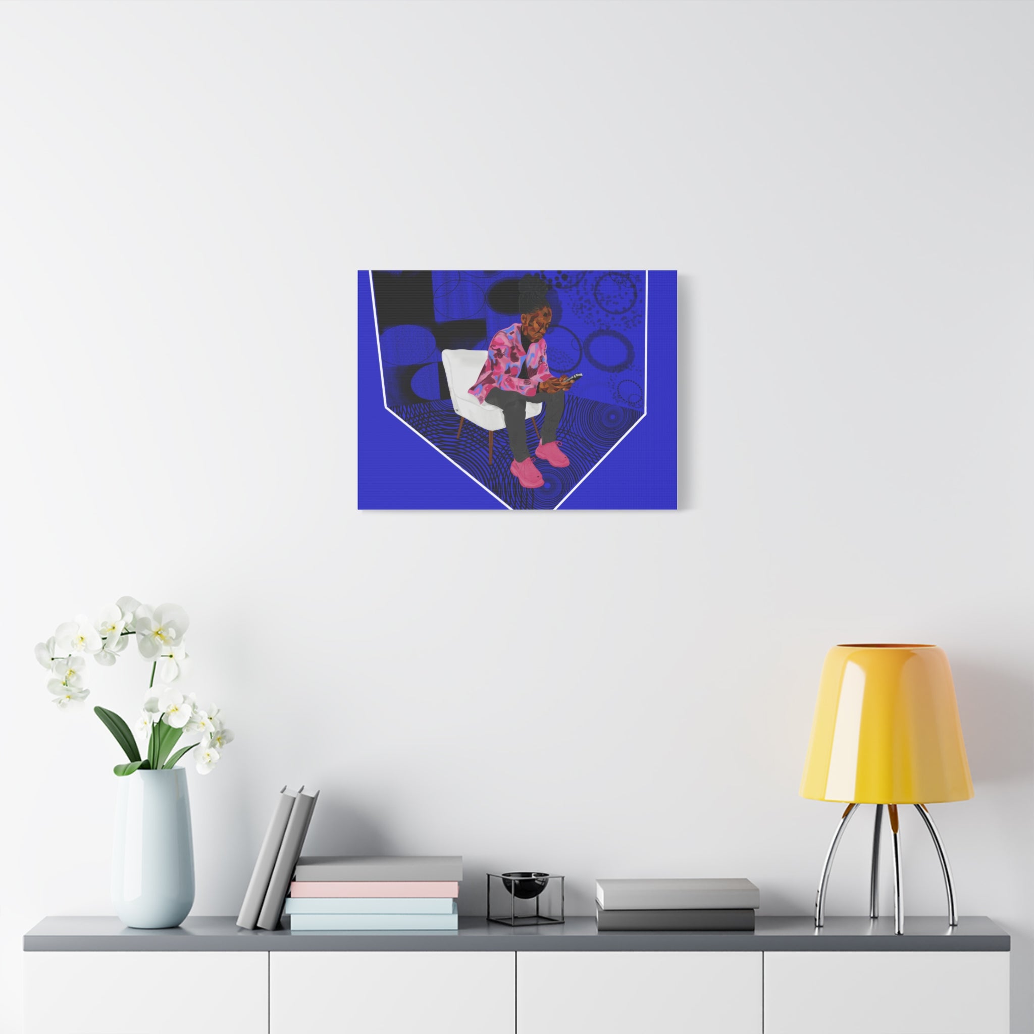 Contemporary Blue Portrait Canvas — Seated Girl with Phone Wall Art