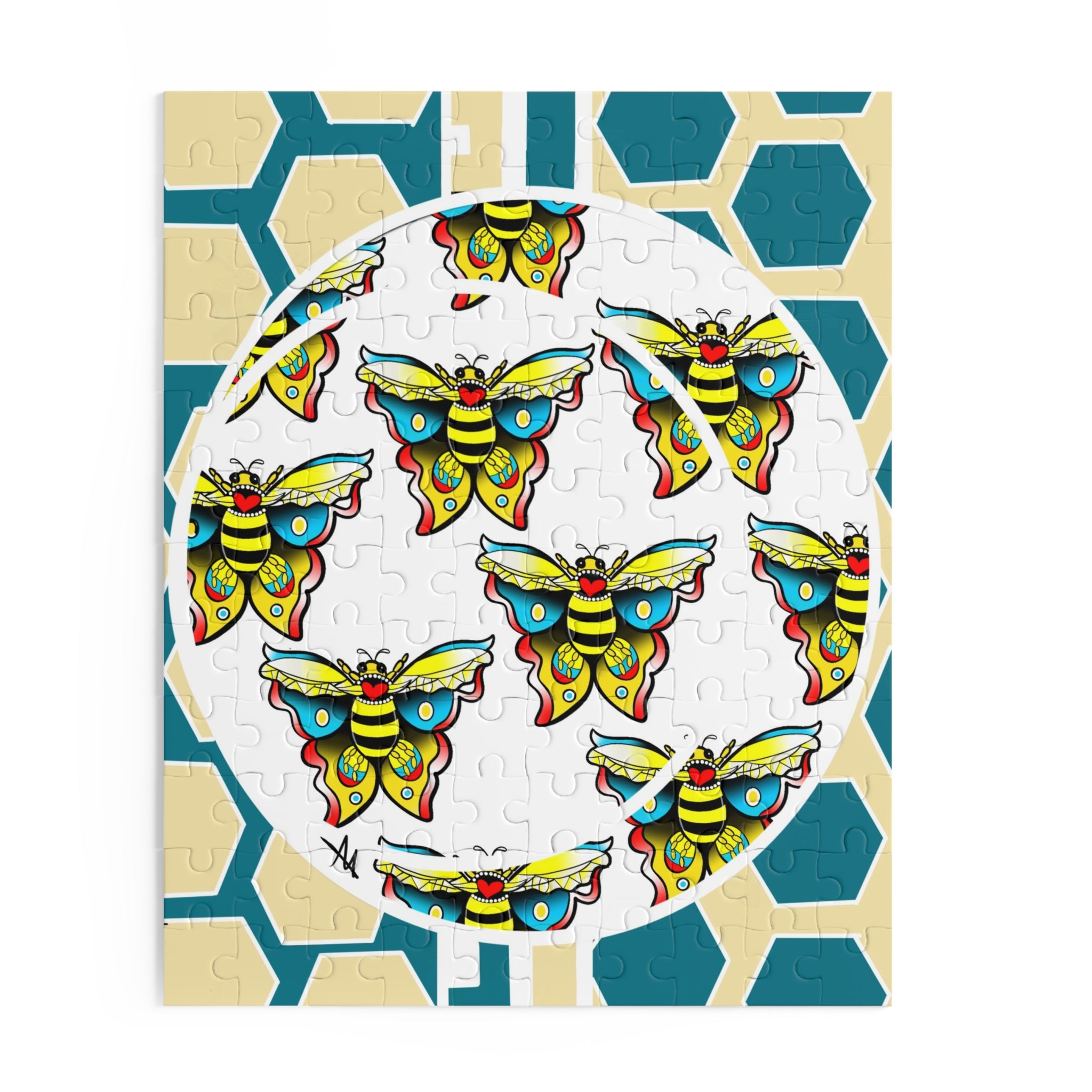 Bee & Hexagon Jigsaw Puzzle — Colorful Moth Pattern (120/252/500 pc)