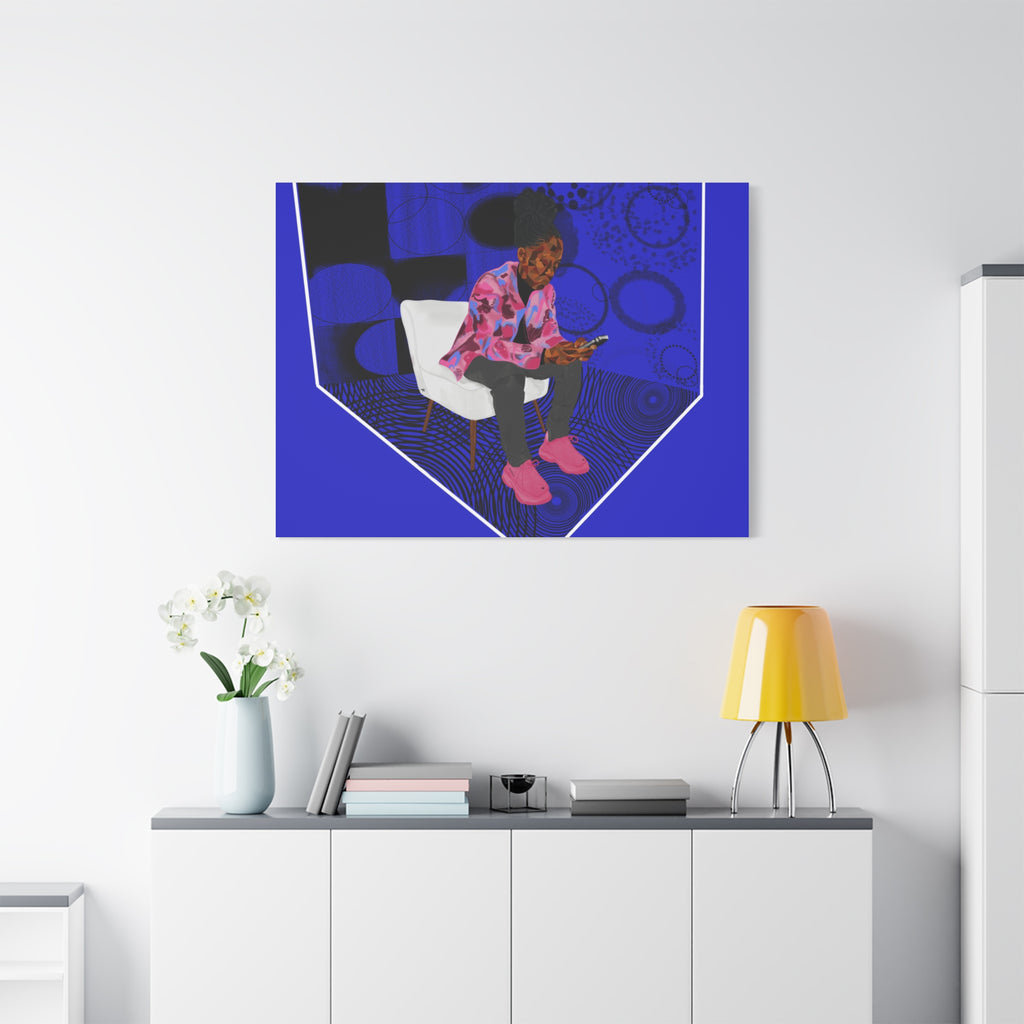 Contemporary Blue Portrait Canvas — Seated Girl with Phone Wall Art