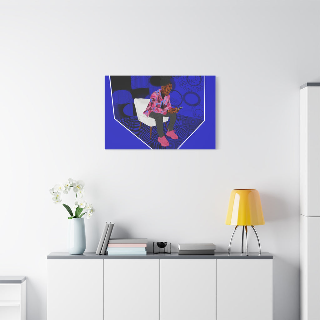 Contemporary Blue Portrait Canvas — Seated Girl with Phone Wall Art