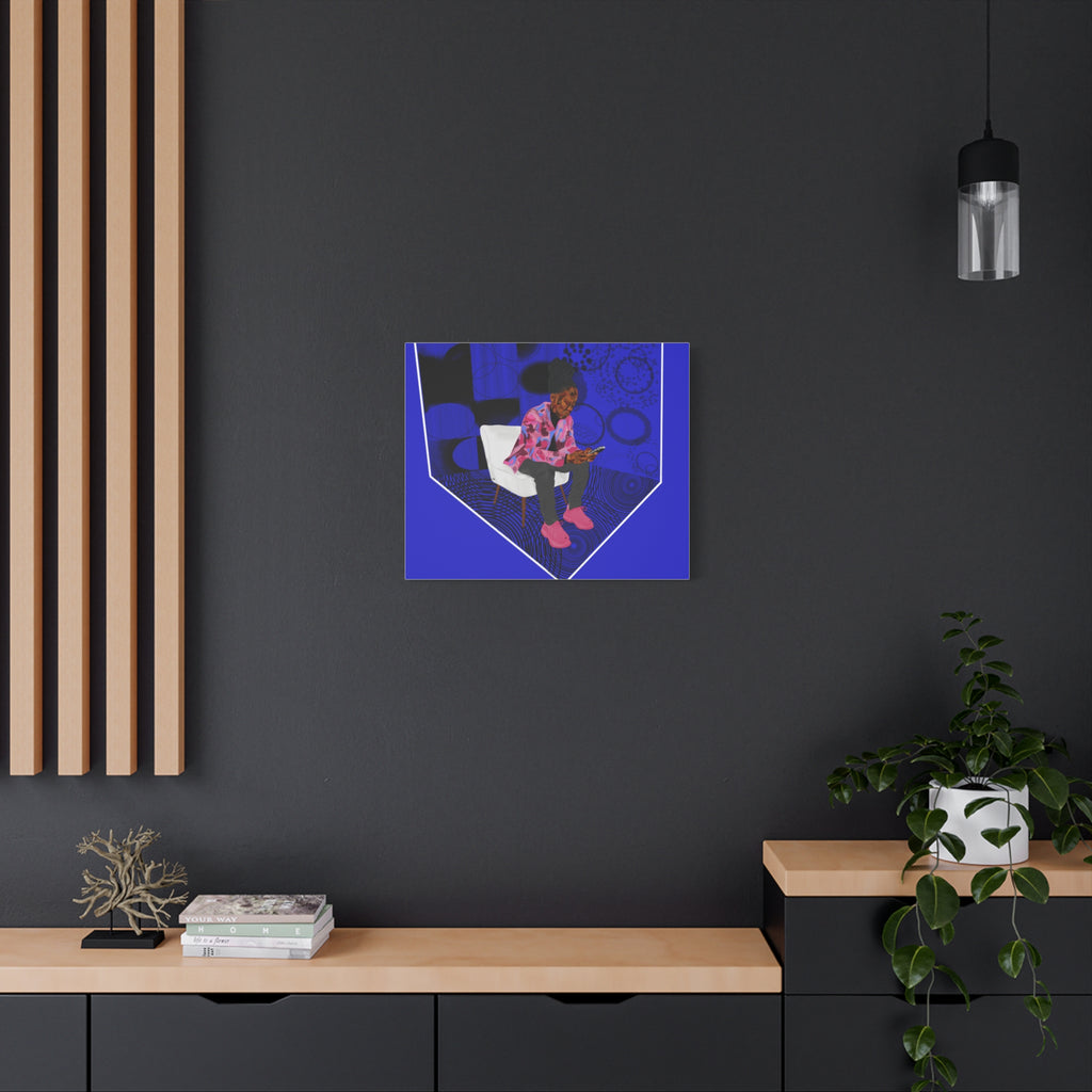 Contemporary Blue Portrait Canvas — Seated Girl with Phone Wall Art