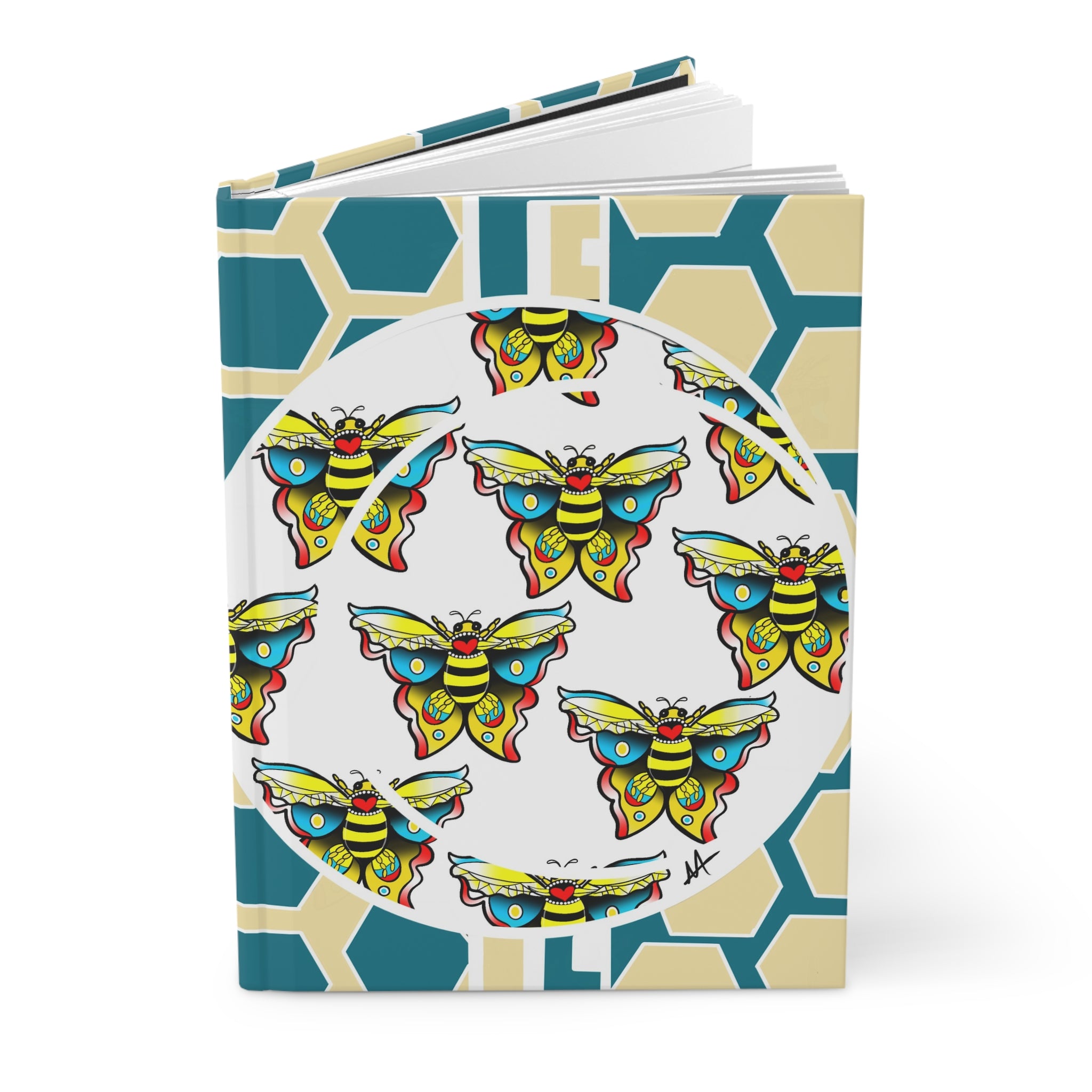 Moth Pattern Hardcover Journal — Colorful Retro Moths on Geometric Honeycomb Cover