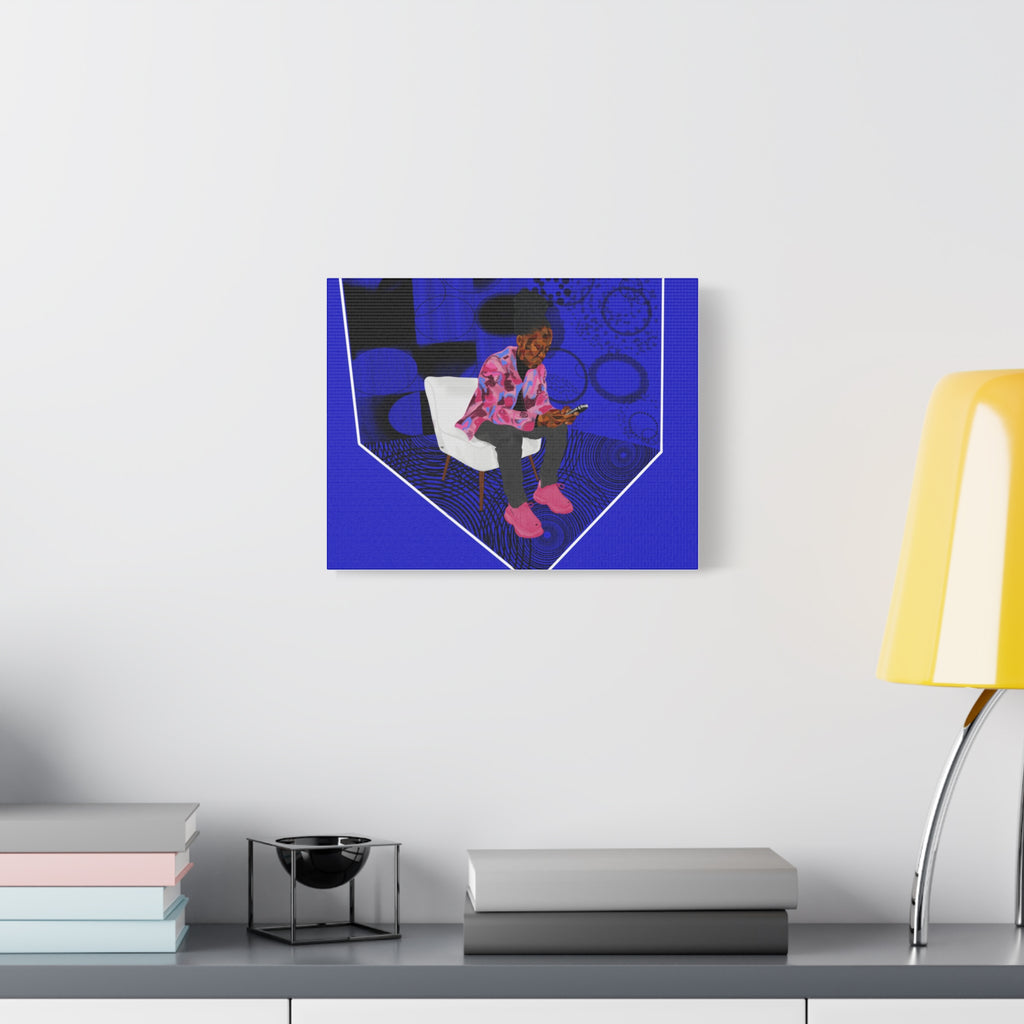 Contemporary Blue Portrait Canvas — Seated Girl with Phone Wall Art
