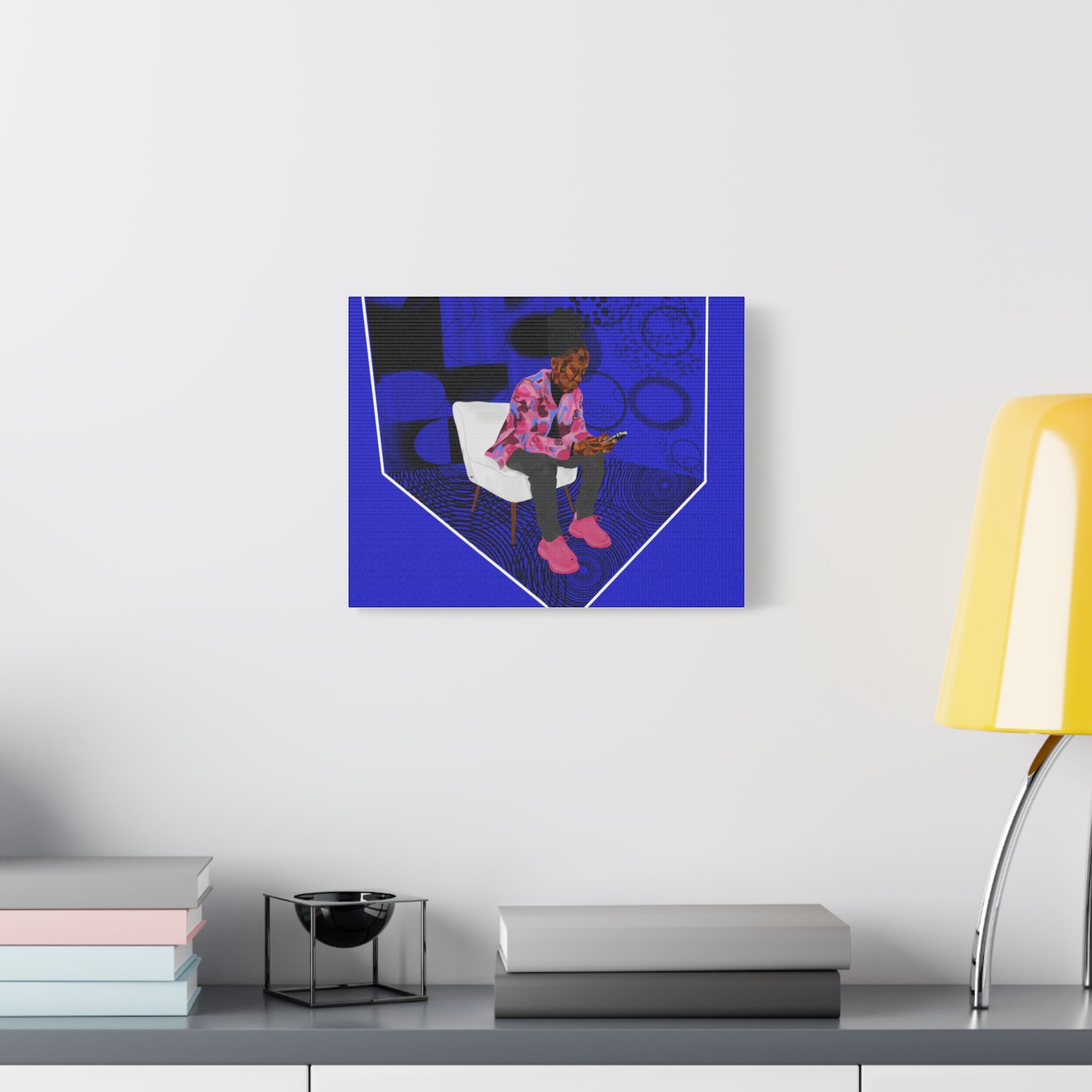 Contemporary Blue Portrait Canvas — Seated Girl with Phone Wall Art