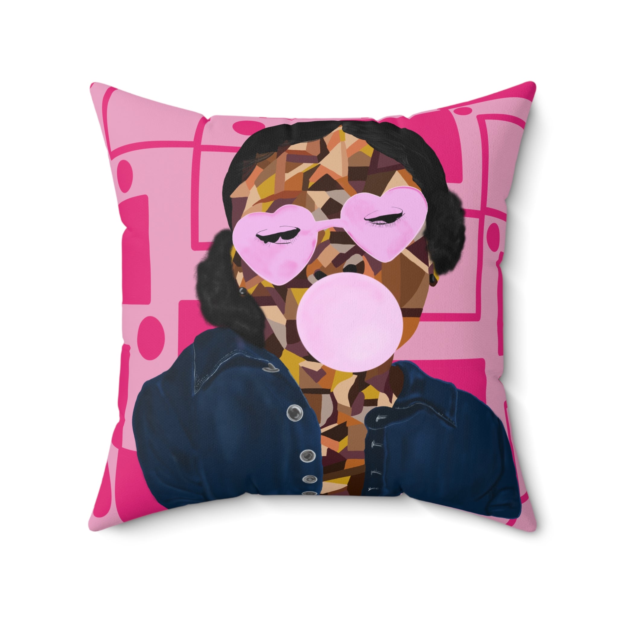Pink Bubblegum Pop Art Pillow — Modern Geometric Portrait Throw Pillow