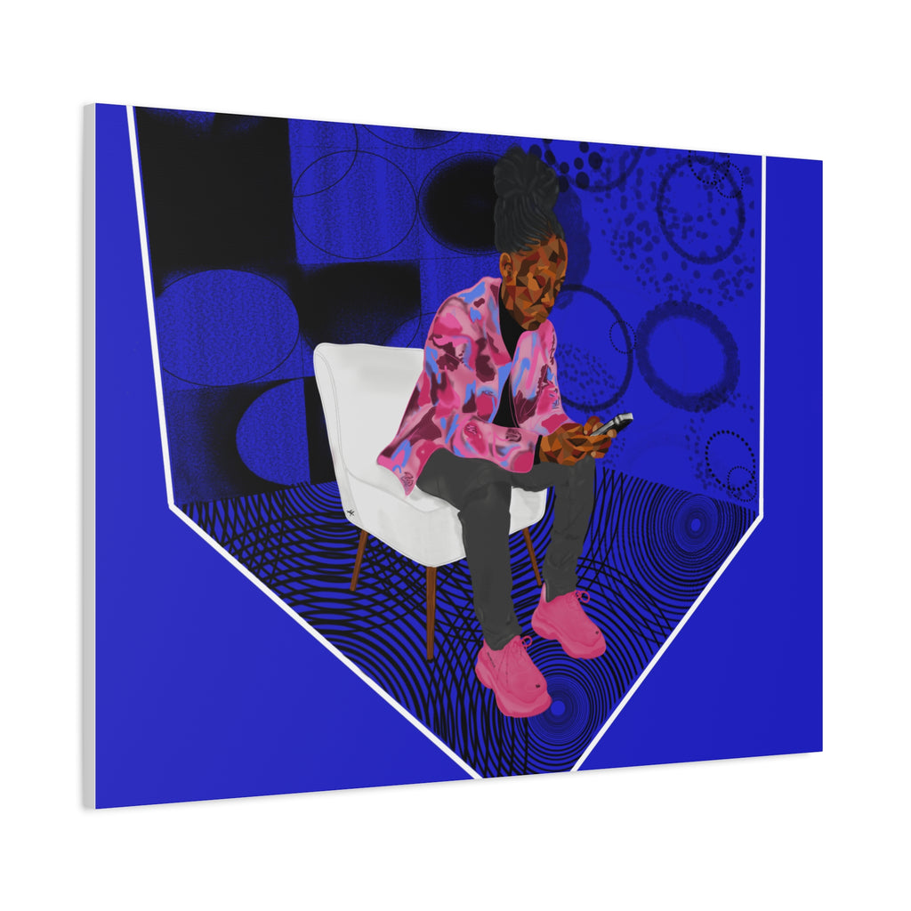 Contemporary Blue Portrait Canvas — Seated Girl with Phone Wall Art