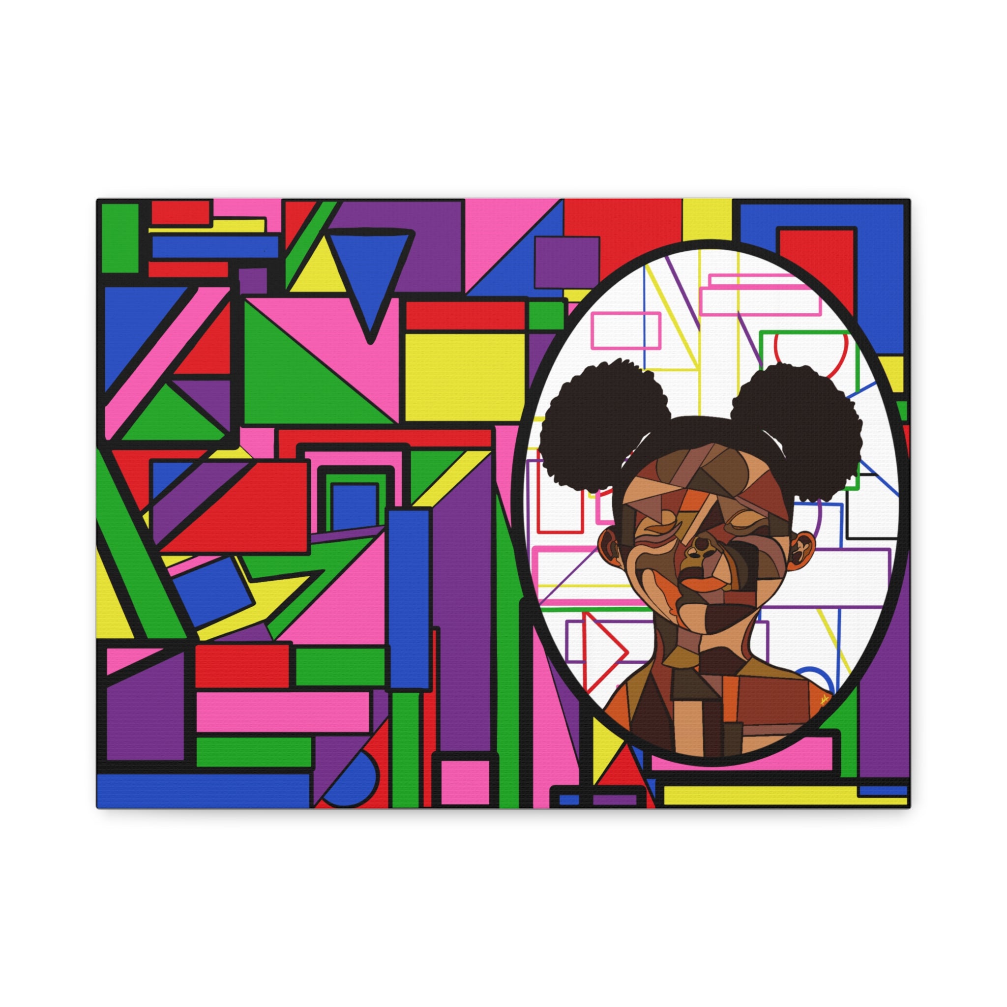 Abstract Geometric Portrait Canvas — Colorful Afro Puff Art on Matte Stretched Canvas