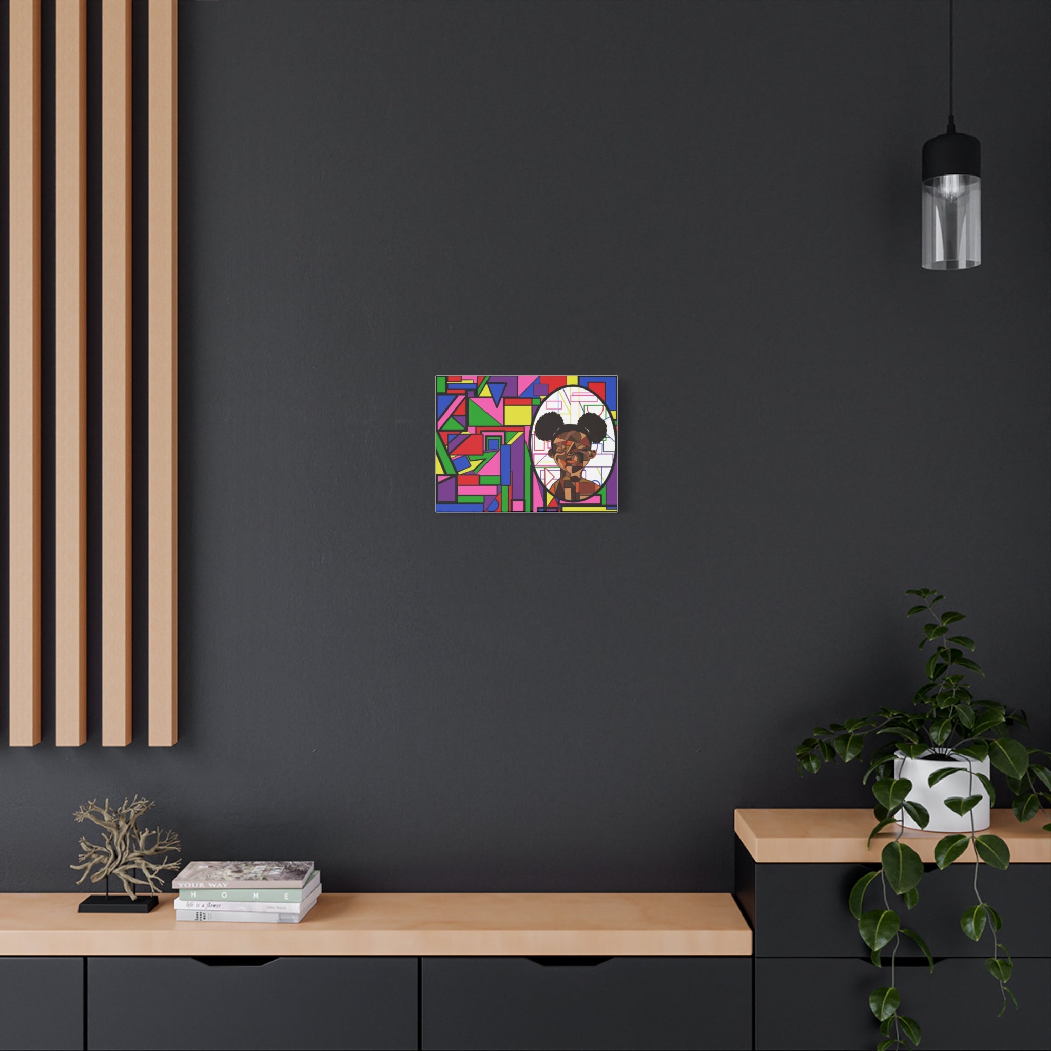 Abstract Geometric Portrait Canvas — Colorful Afro Puff Art on Matte Stretched Canvas
