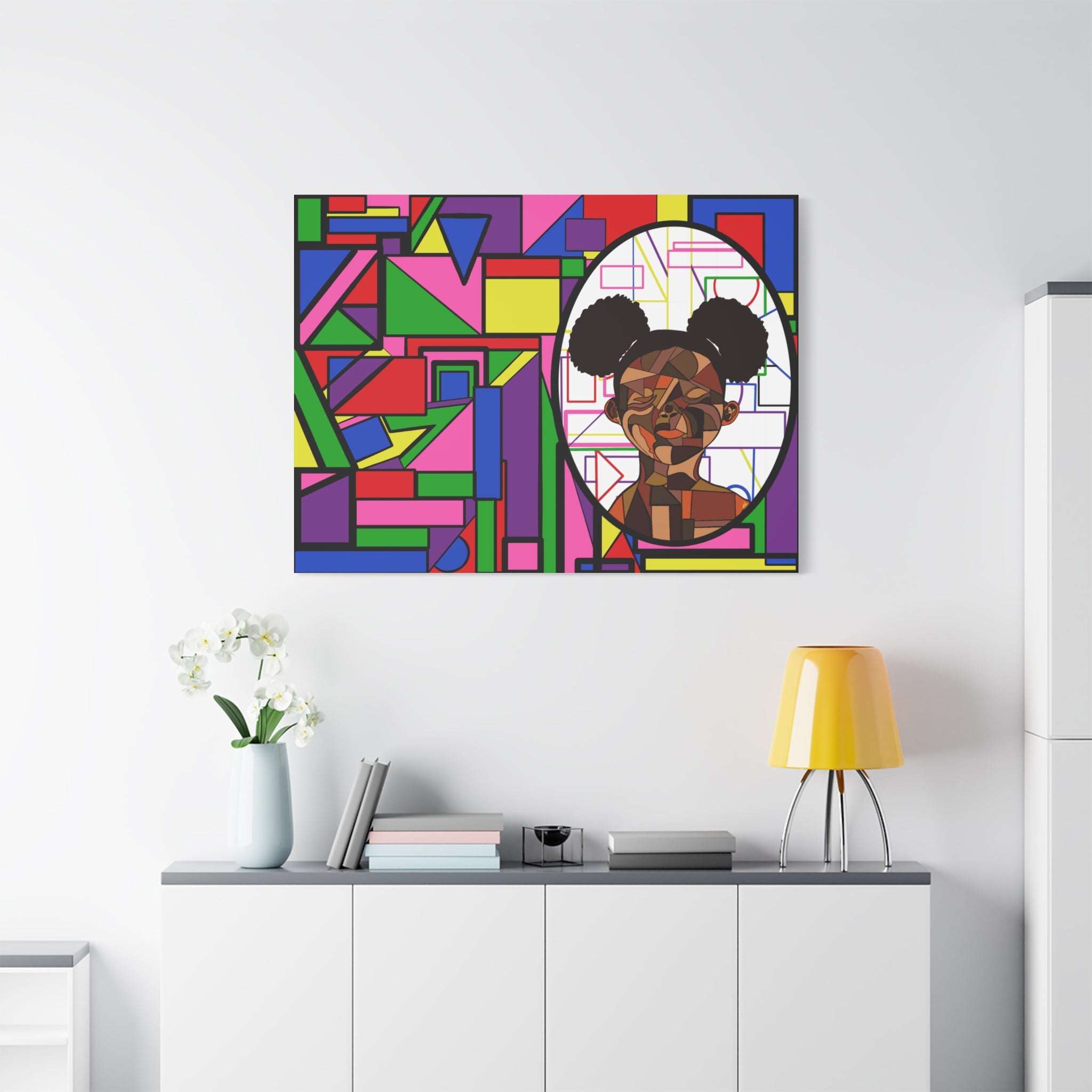 Abstract Geometric Portrait Canvas — Colorful Afro Puff Art on Matte Stretched Canvas
