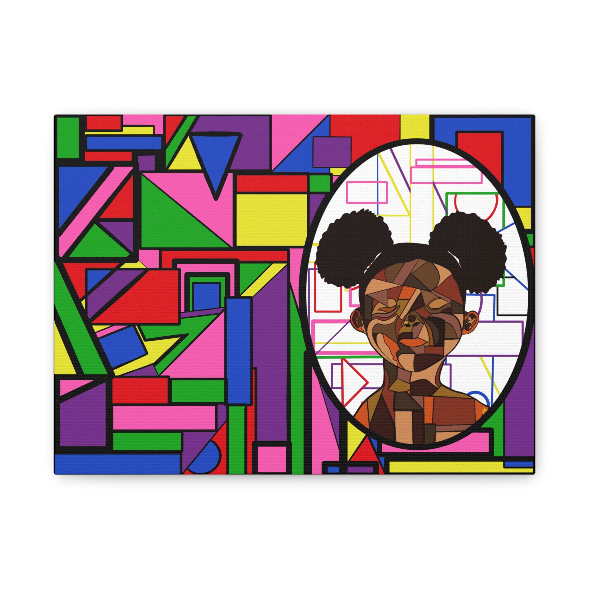Abstract Geometric Portrait Canvas — Colorful Afro Puff Art on Matte Stretched Canvas