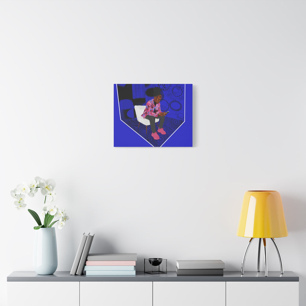 Contemporary Blue Portrait Canvas — Seated Girl with Phone Wall Art