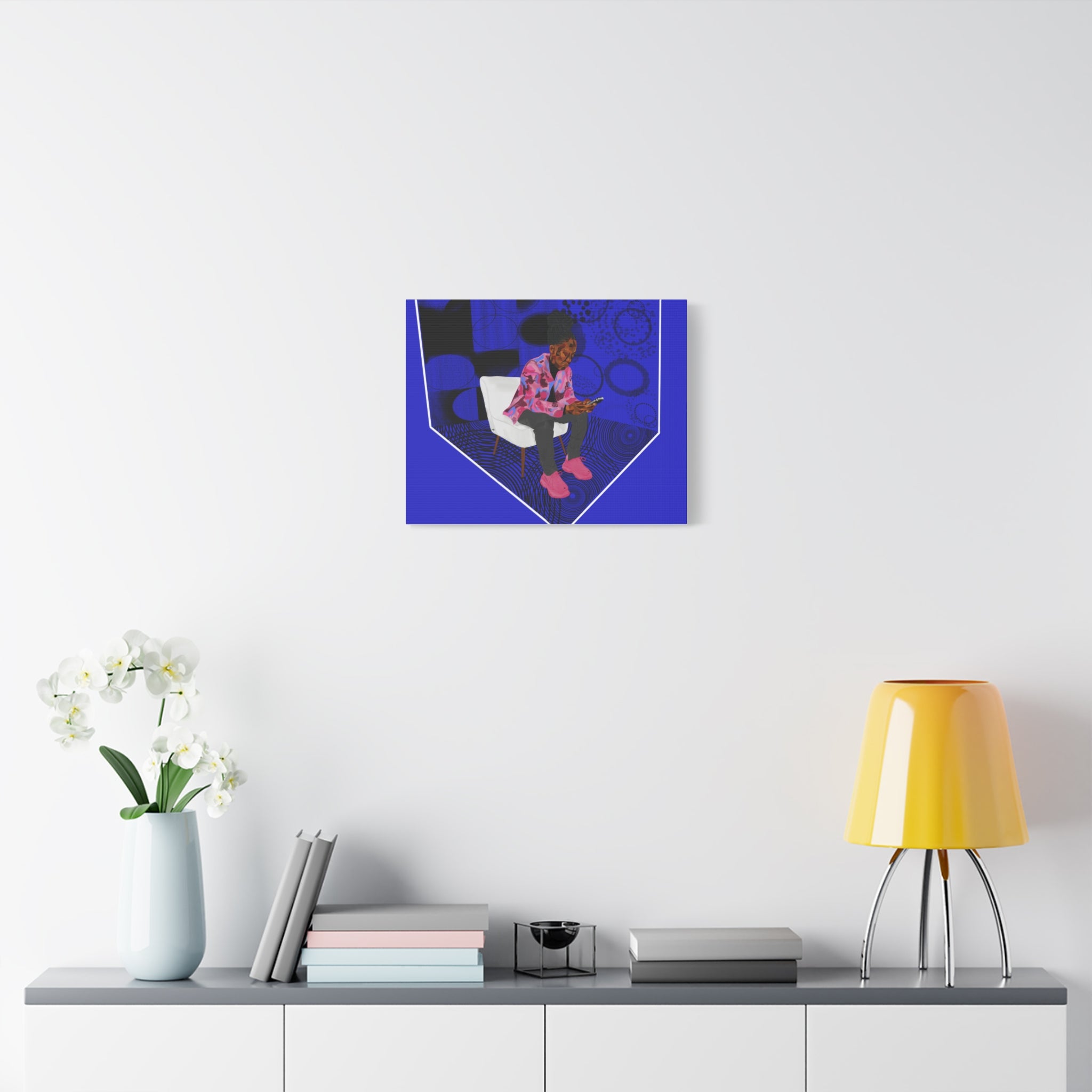 Contemporary Blue Portrait Canvas — Seated Girl with Phone Wall Art