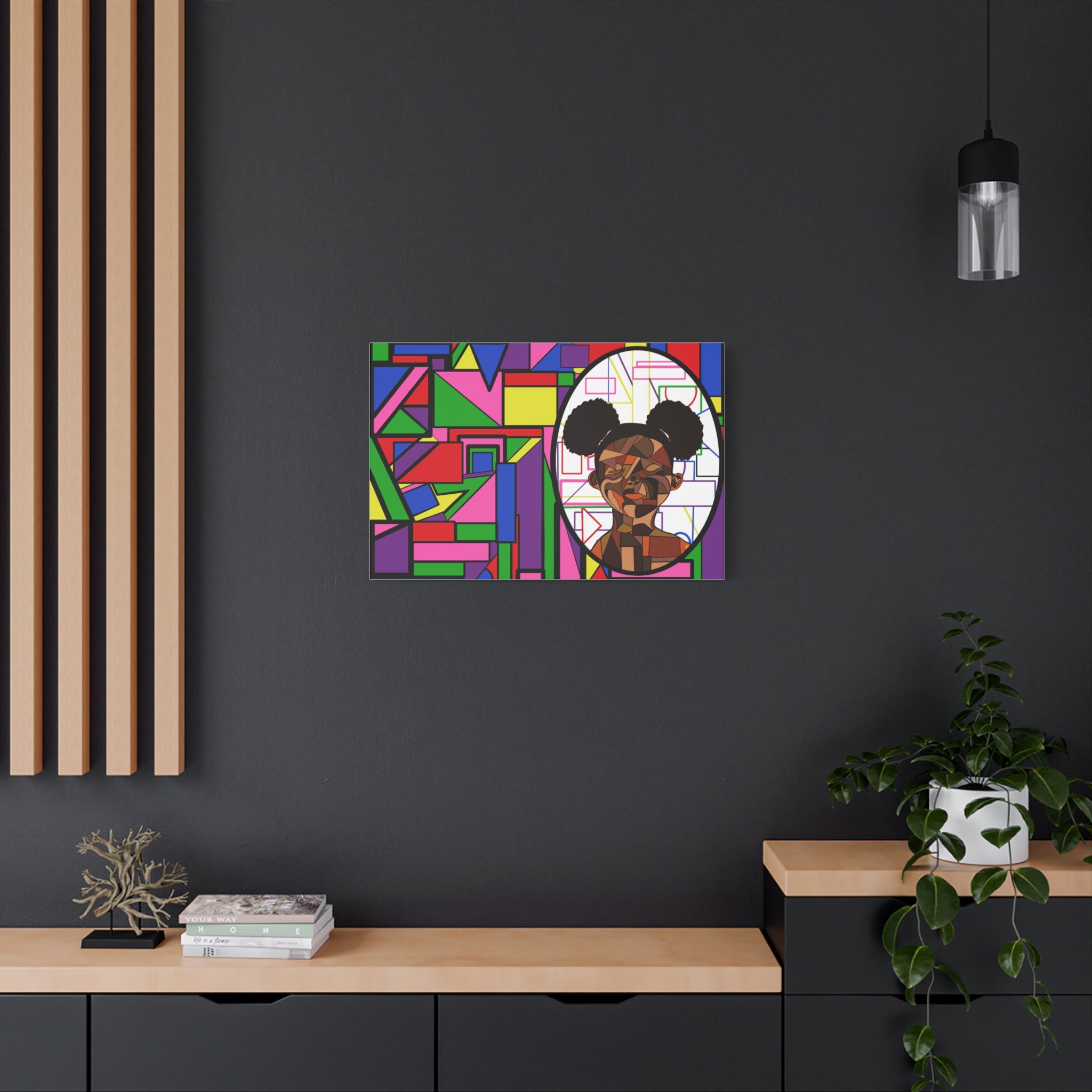 Abstract Geometric Portrait Canvas — Colorful Afro Puff Art on Matte Stretched Canvas