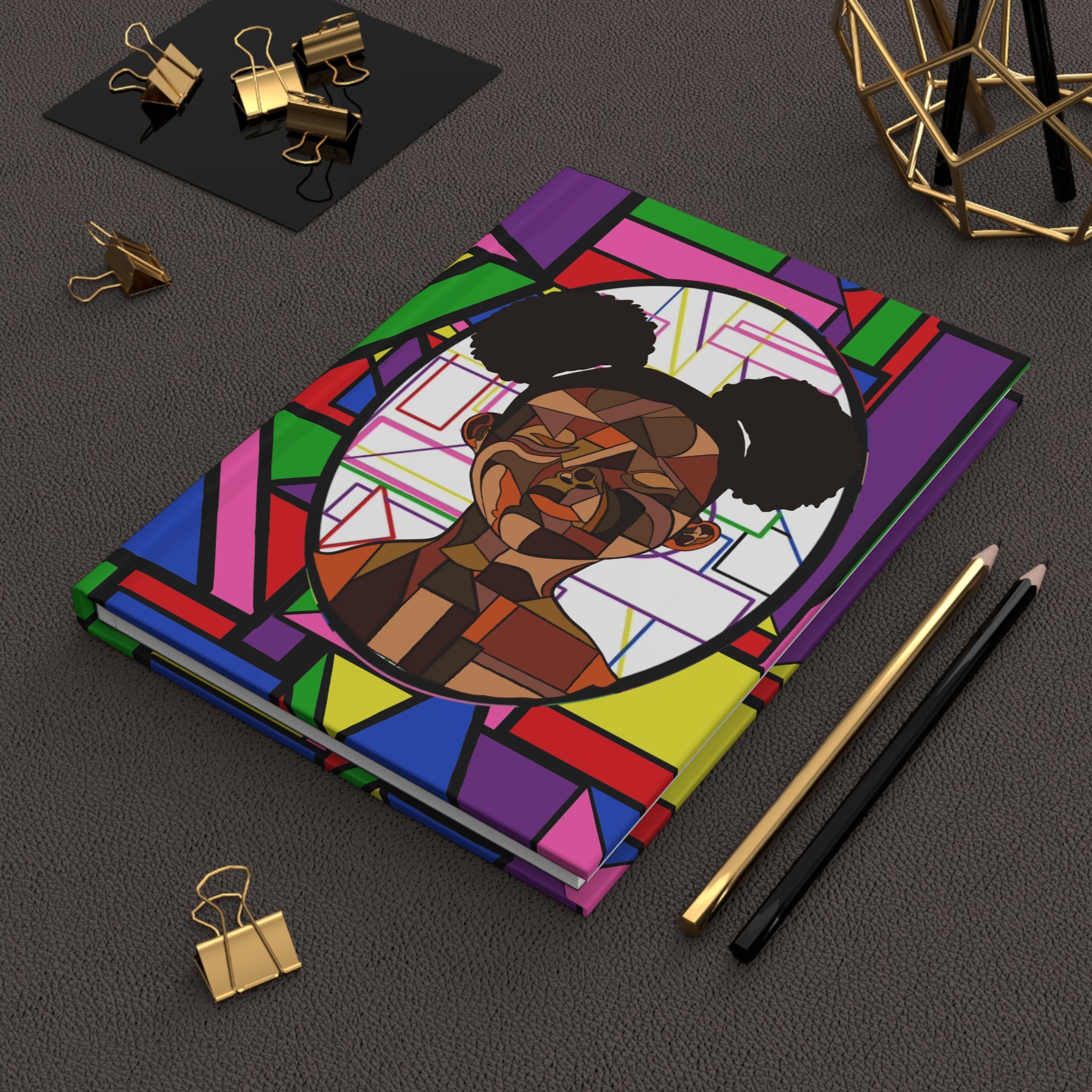 Hardcover Journal — Colorful Afrocentric Geometric Portrait Notebook
