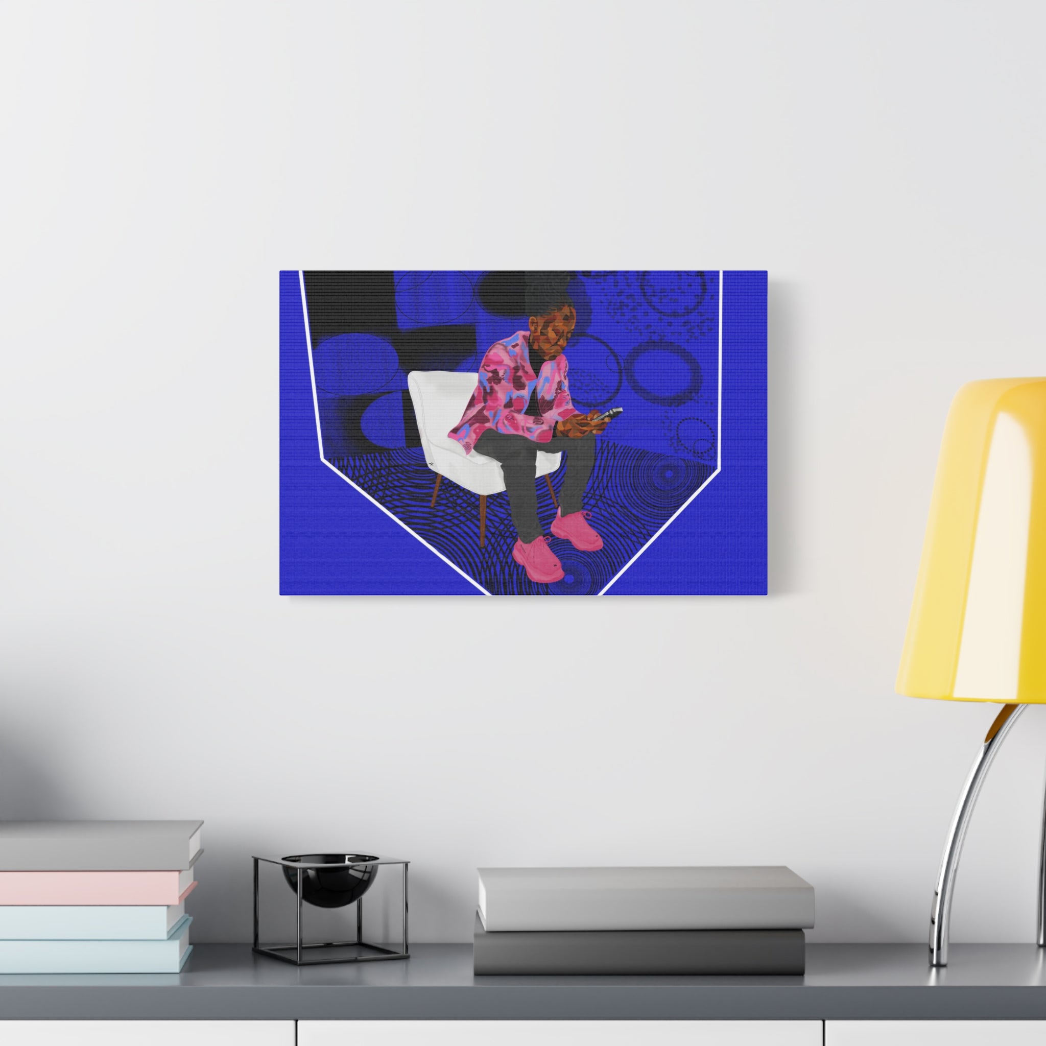 Contemporary Blue Portrait Canvas — Seated Girl with Phone Wall Art