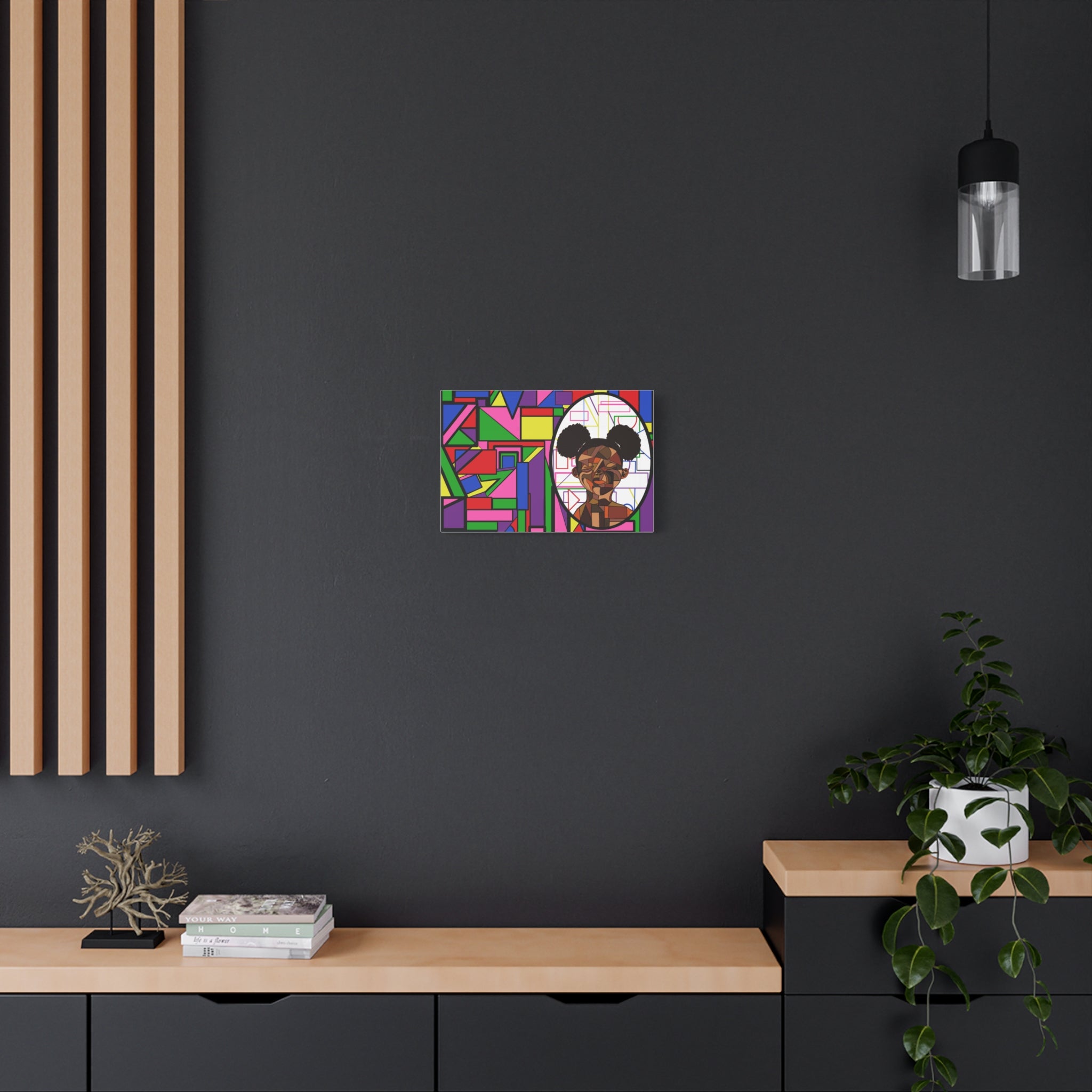 Abstract Geometric Portrait Canvas — Colorful Afro Puff Art on Matte Stretched Canvas