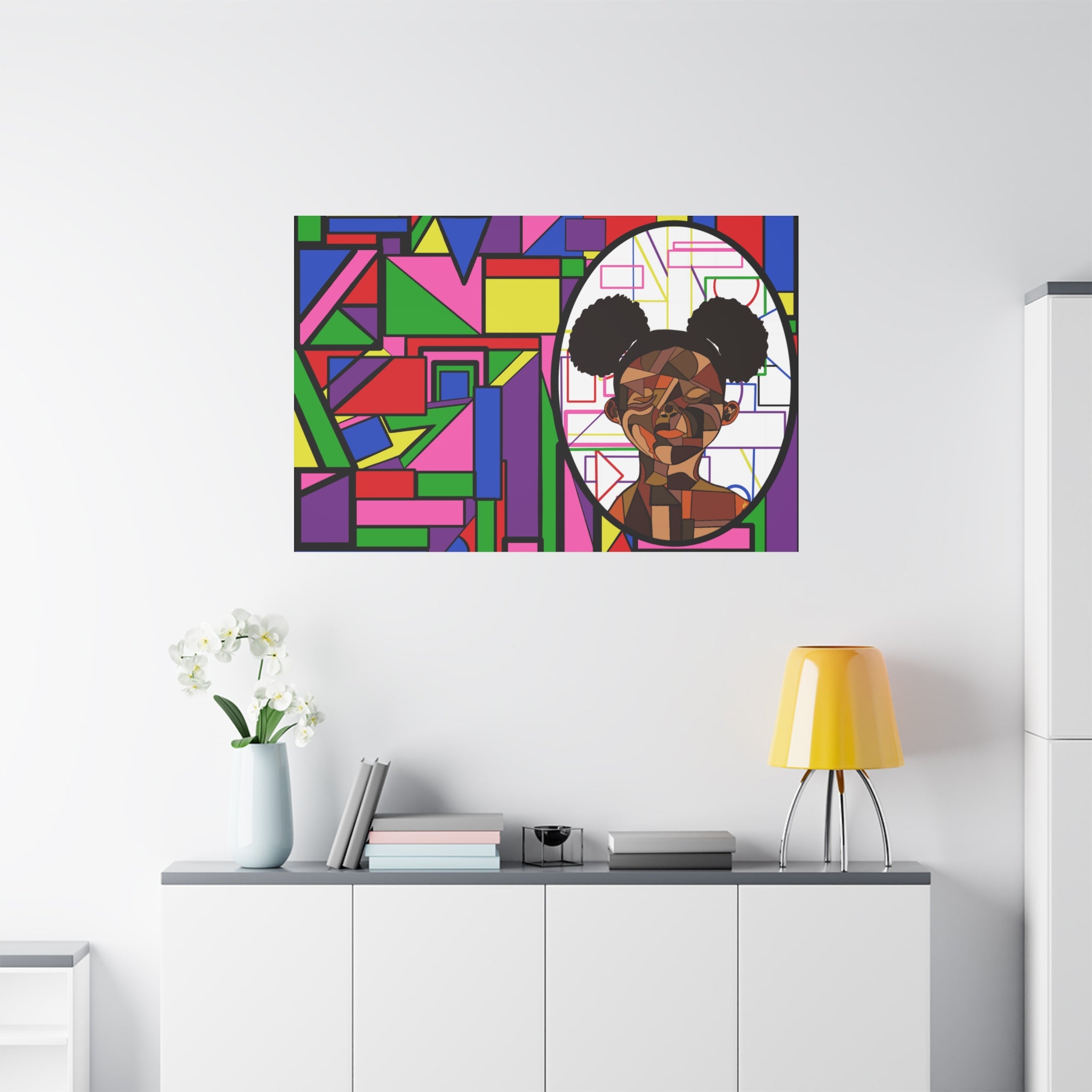 Abstract Geometric Portrait Canvas — Colorful Afro Puff Art on Matte Stretched Canvas