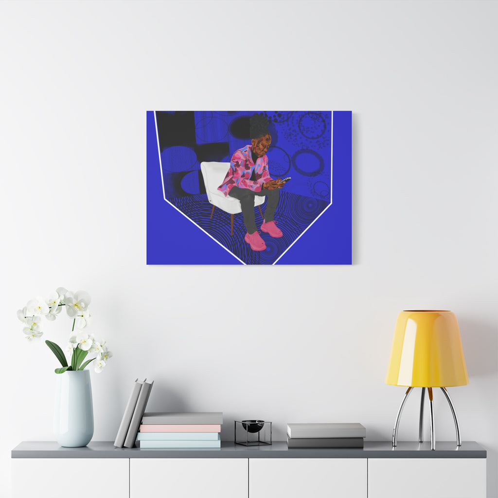 Contemporary Blue Portrait Canvas — Seated Girl with Phone Wall Art