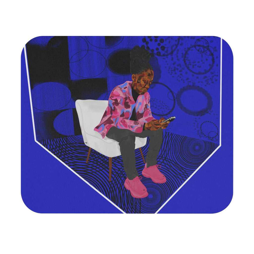 Blue Retro Lounge Mouse Pad — Person on Chair Illustration