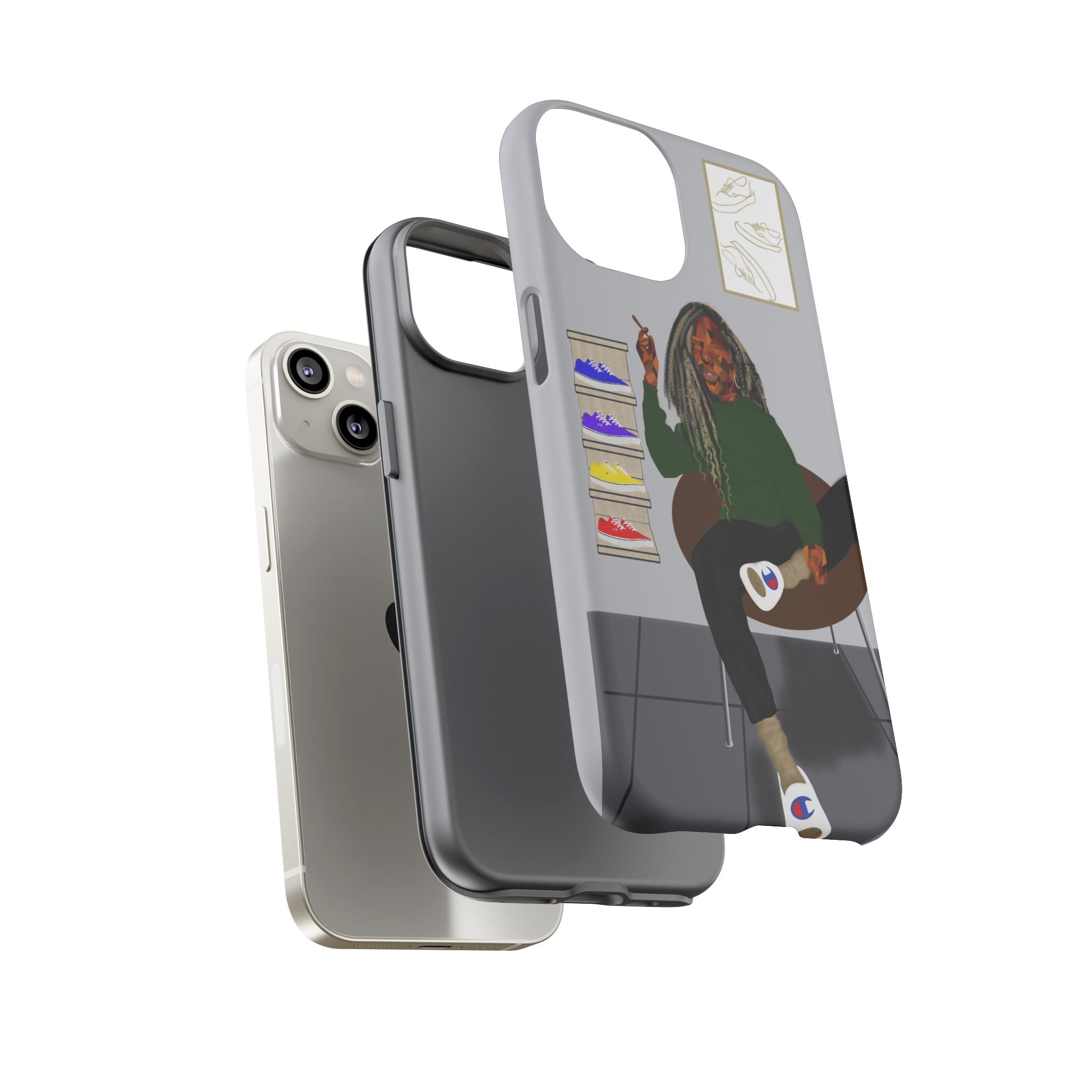 Phone case with a design of a person in a green shirt and black pants, standing on a white background.
