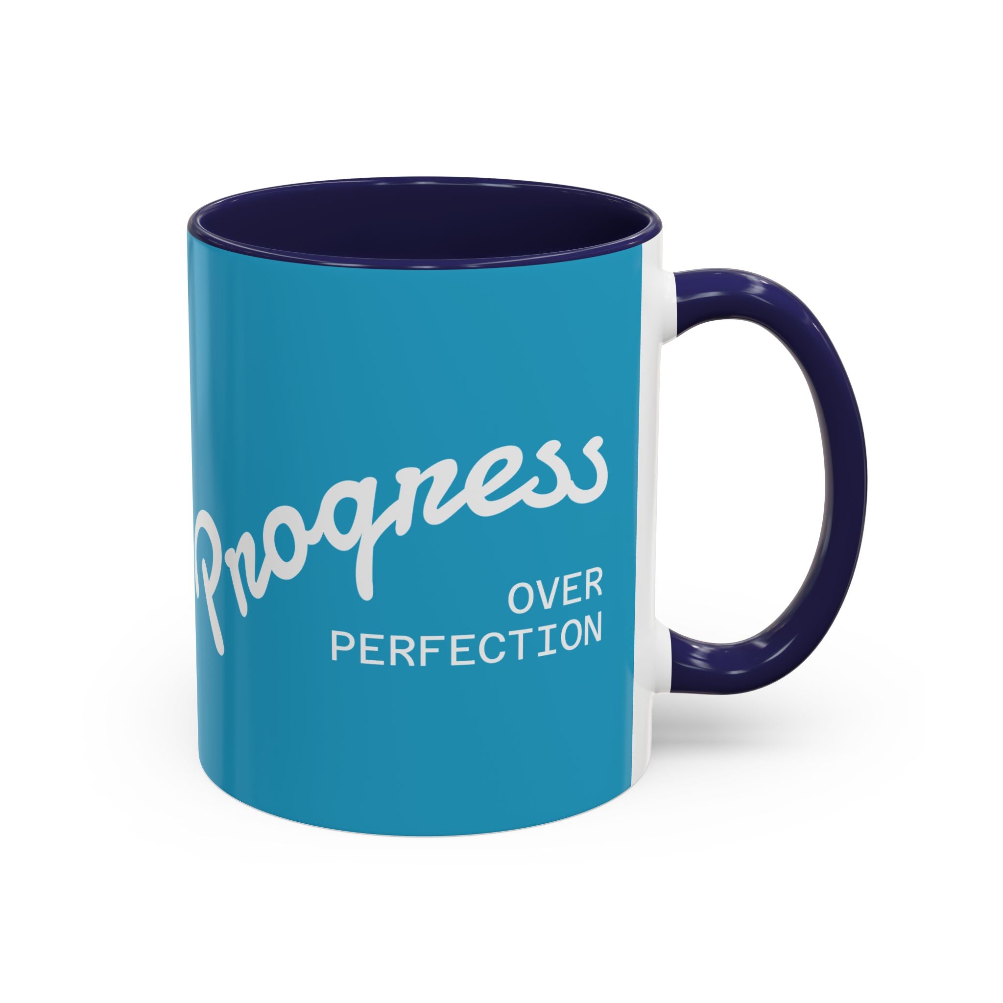 Progress Over Perfection Accent Coffee Mug — Motivational Blue 11/15oz