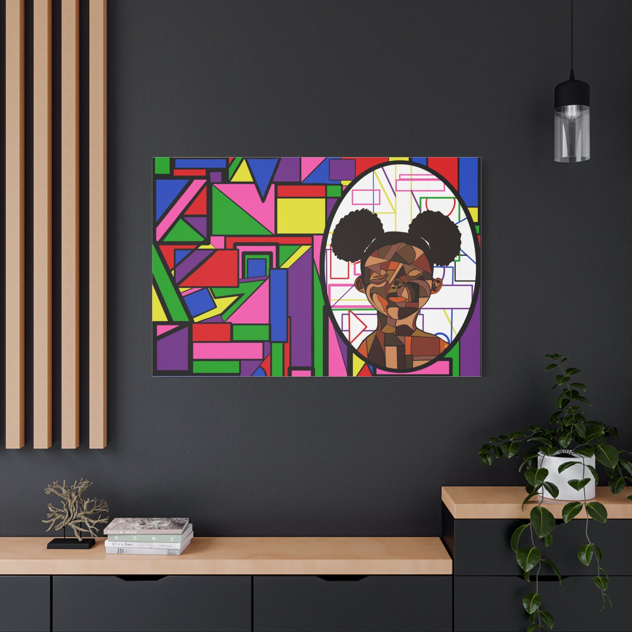 Abstract Geometric Portrait Canvas — Colorful Afro Puff Art on Matte Stretched Canvas