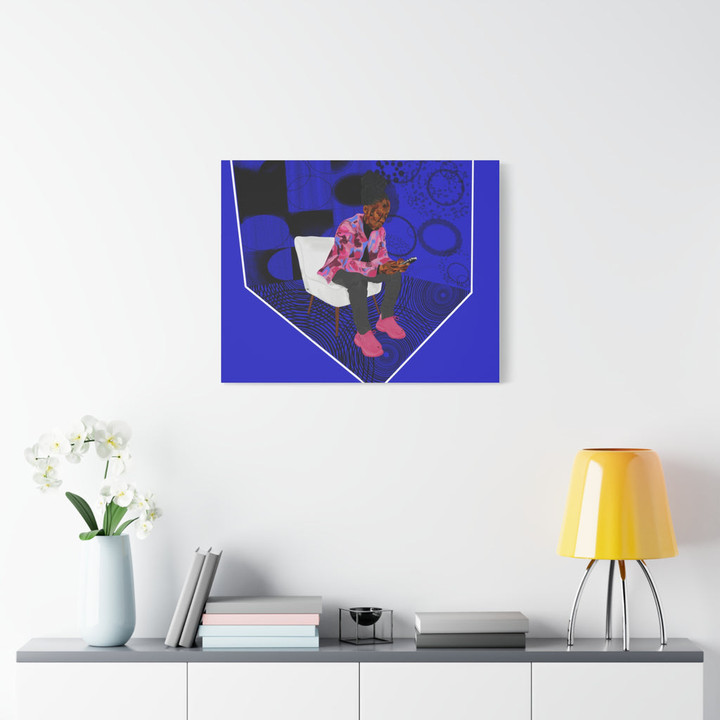 Contemporary Blue Portrait Canvas — Seated Girl with Phone Wall Art