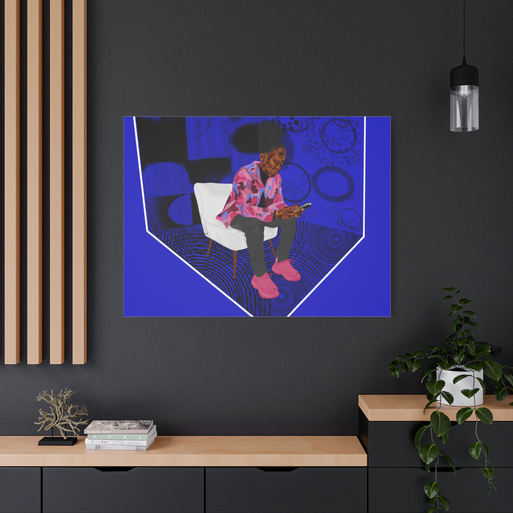 Contemporary Blue Portrait Canvas — Seated Girl with Phone Wall Art