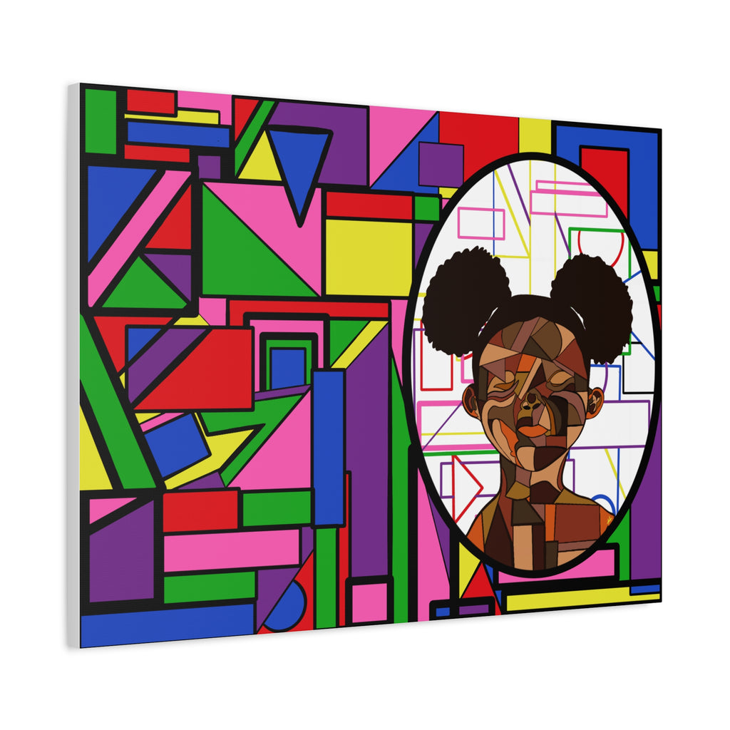 Abstract Geometric Portrait Canvas — Colorful Afro Puff Art on Matte Stretched Canvas