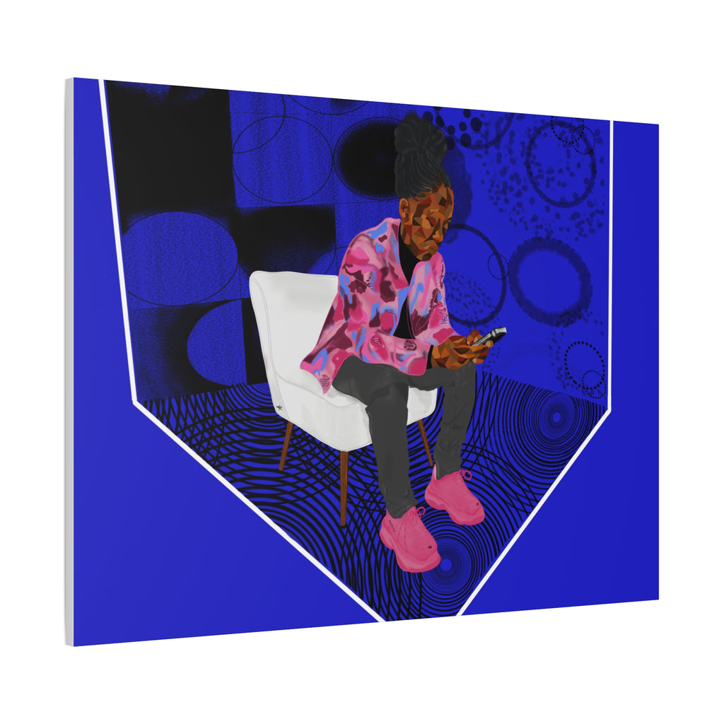 Contemporary Blue Portrait Canvas — Seated Girl with Phone Wall Art