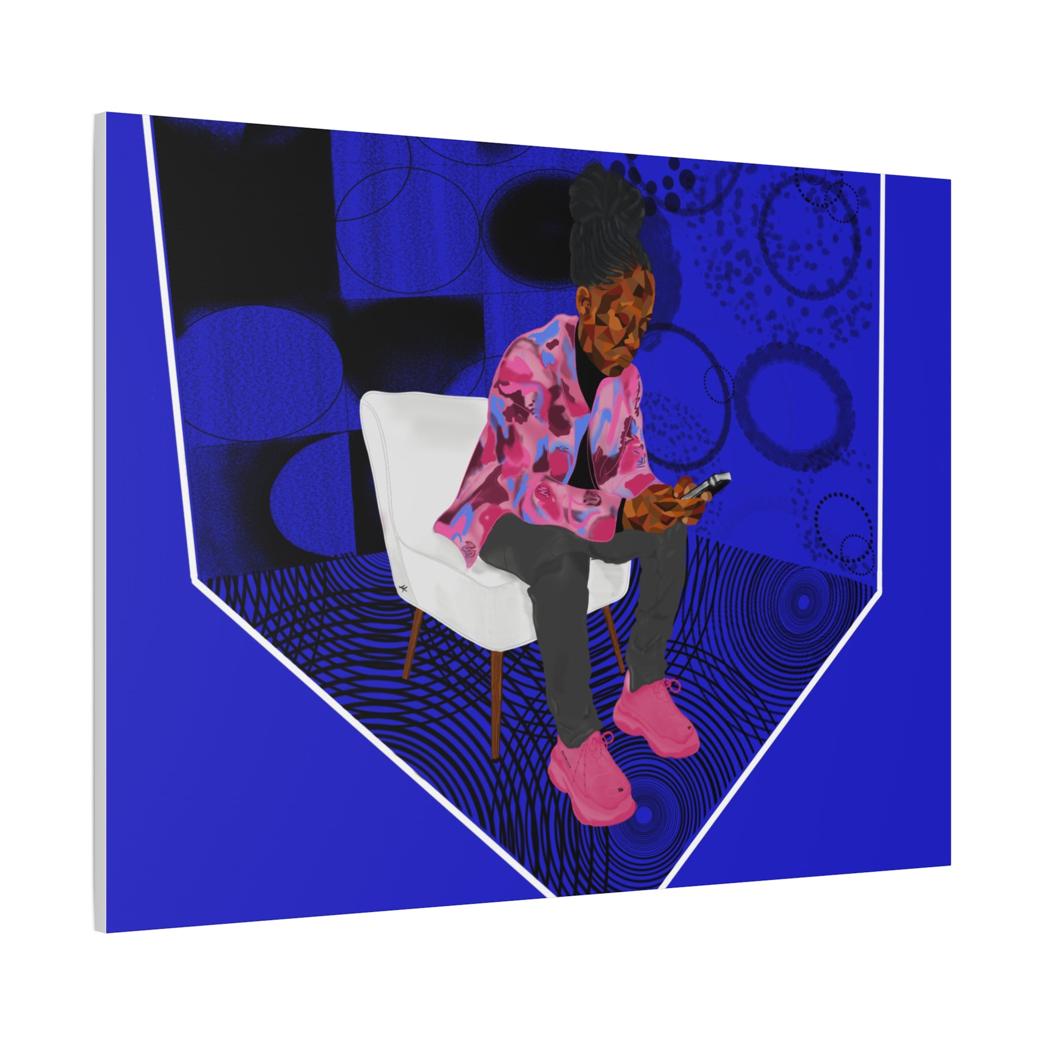 Contemporary Blue Portrait Canvas — Seated Girl with Phone Wall Art