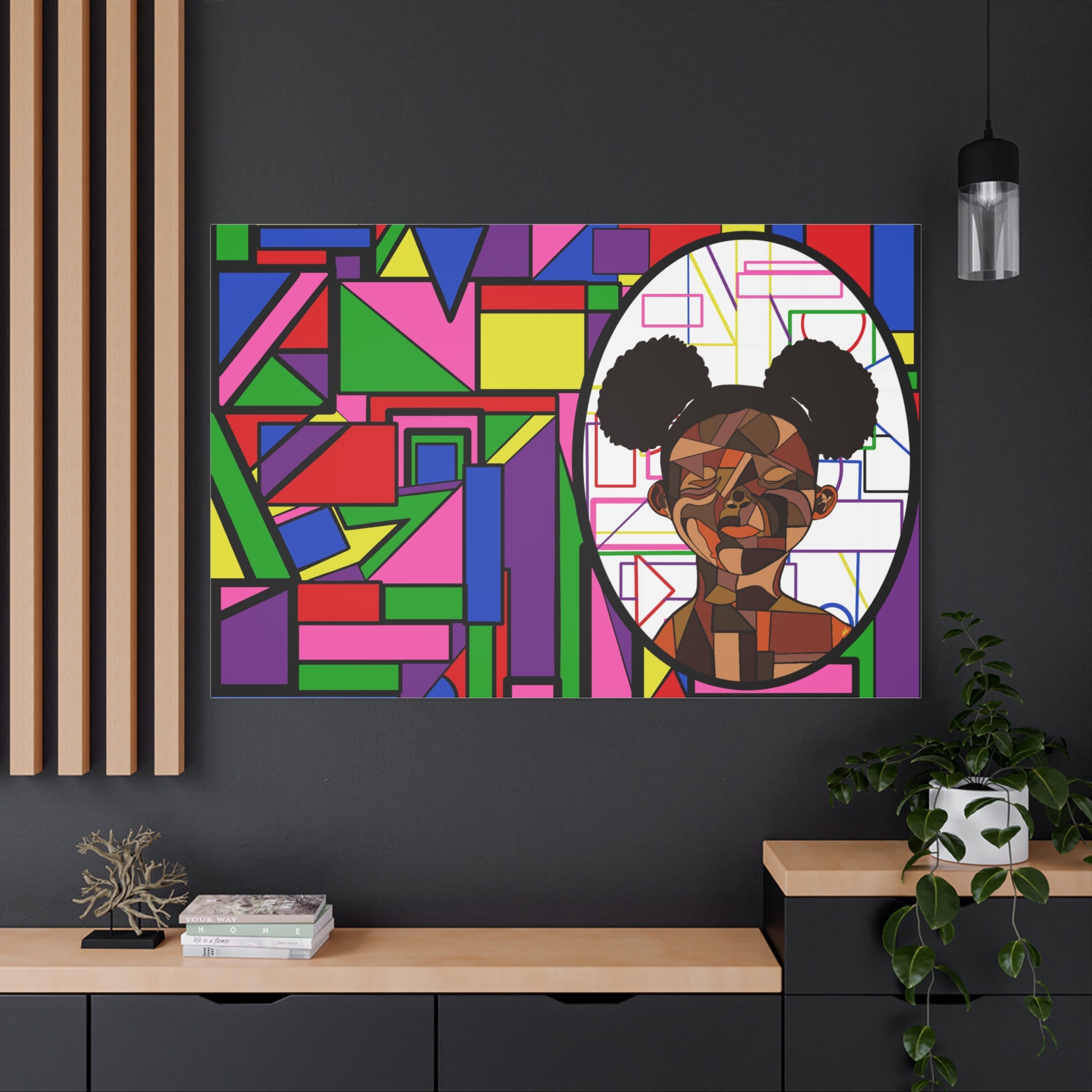 Abstract Geometric Portrait Canvas — Colorful Afro Puff Art on Matte Stretched Canvas