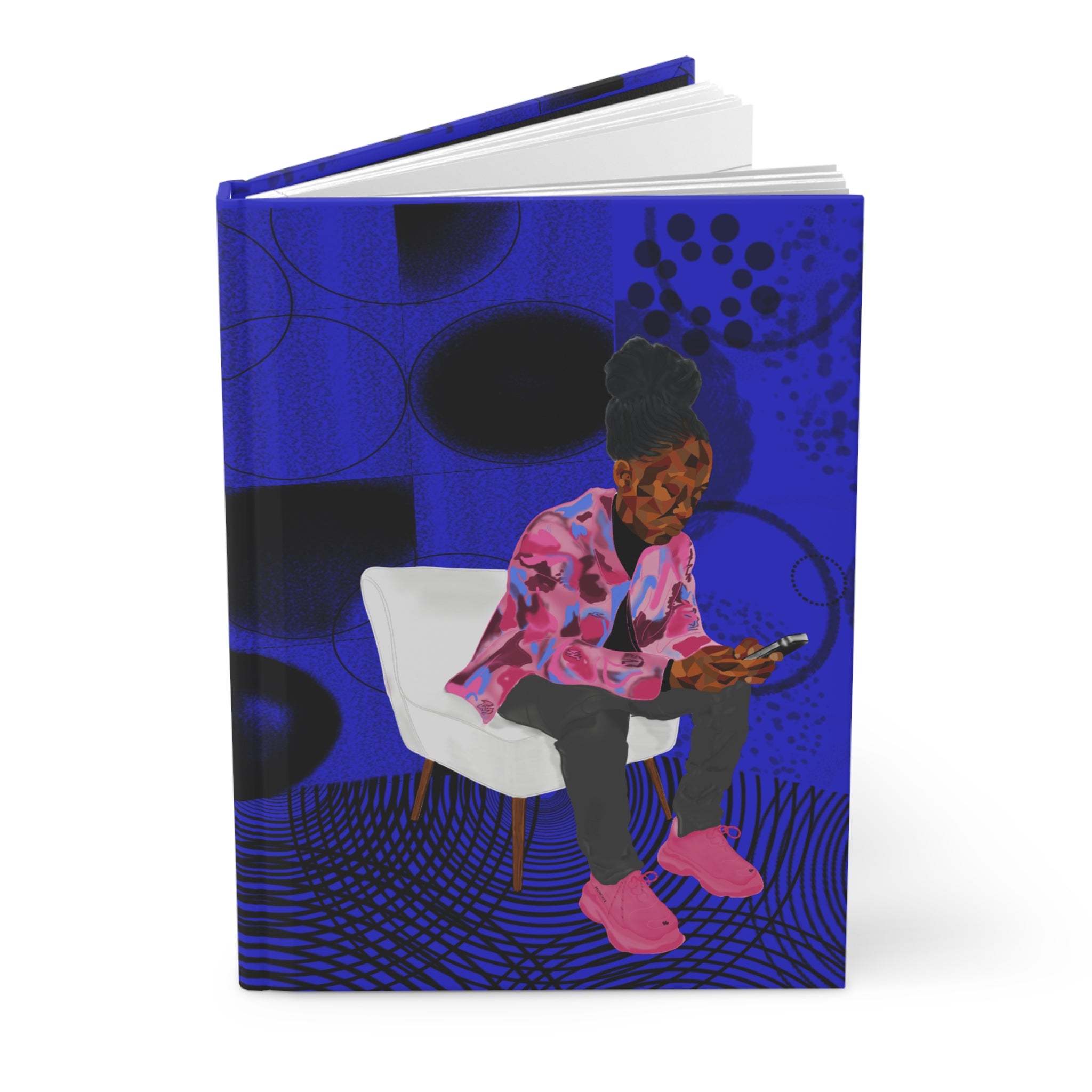 Hardcover Journal — Urban Portrait Notebook (Blue Abstract, Girl on Phone)
